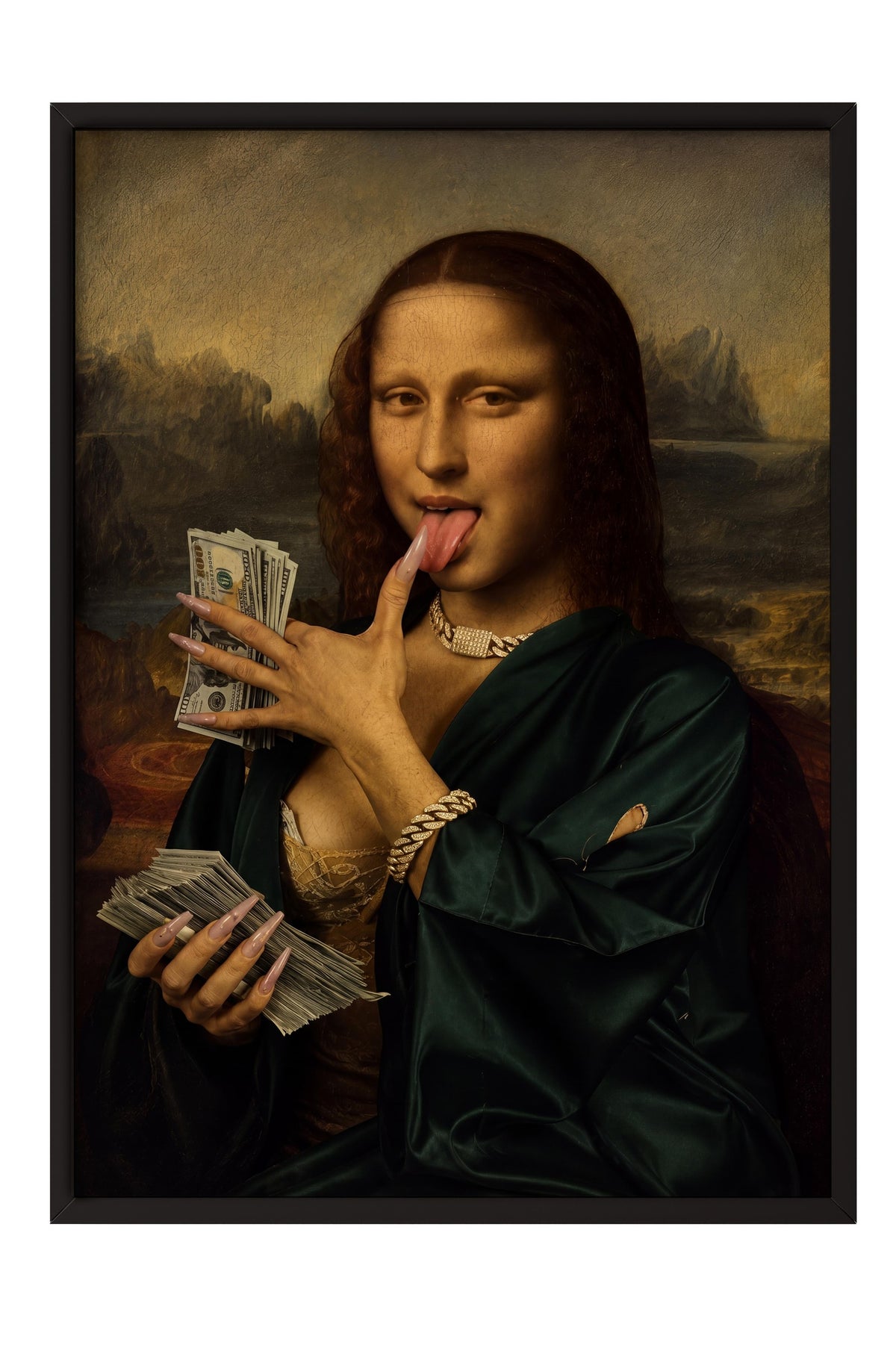 Para ve Mona Lisa Karışımı Poster – Siyah Çerçeveli Tablo