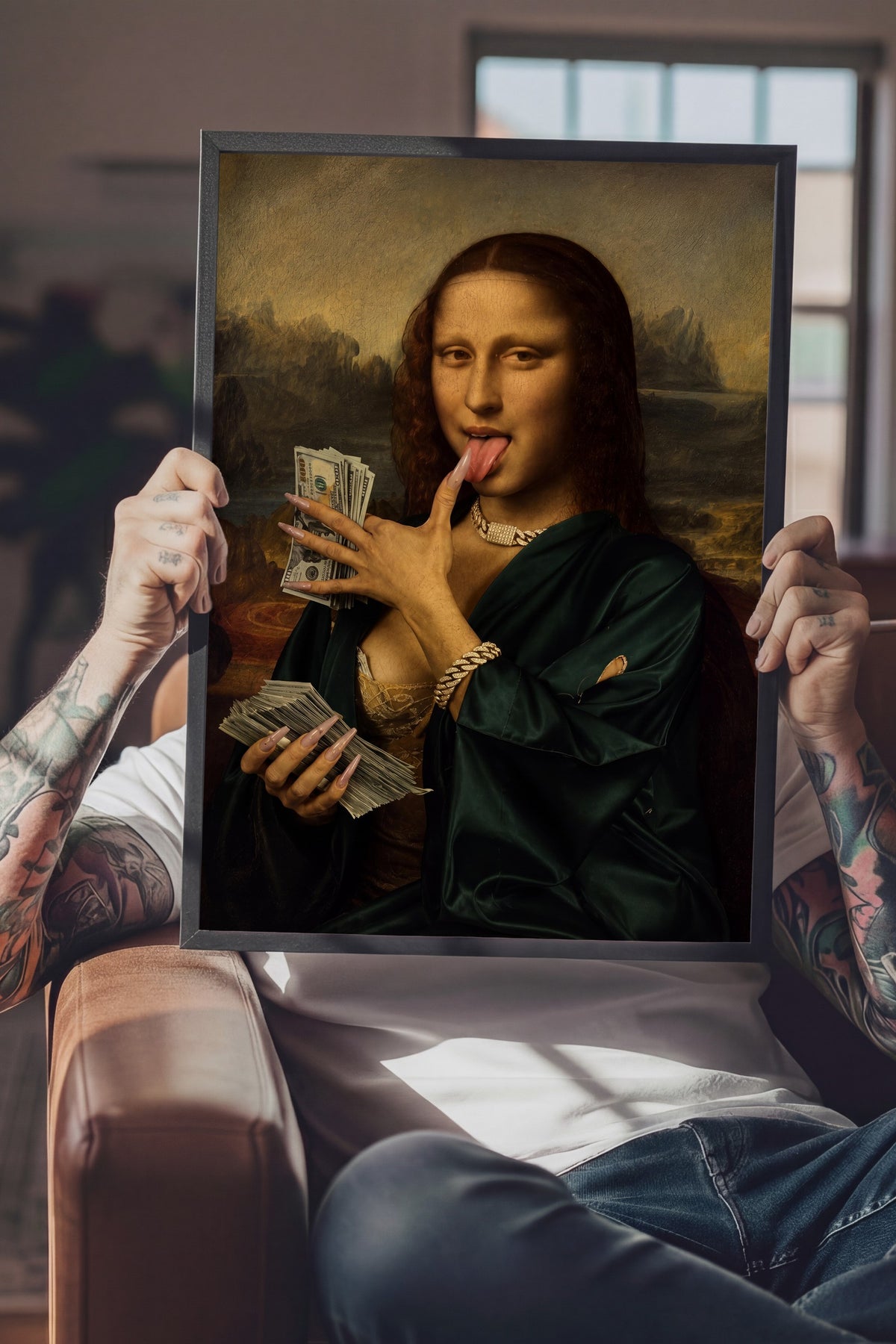 Para ve Mona Lisa Karışımı Poster – Siyah Çerçeveli Tablo
