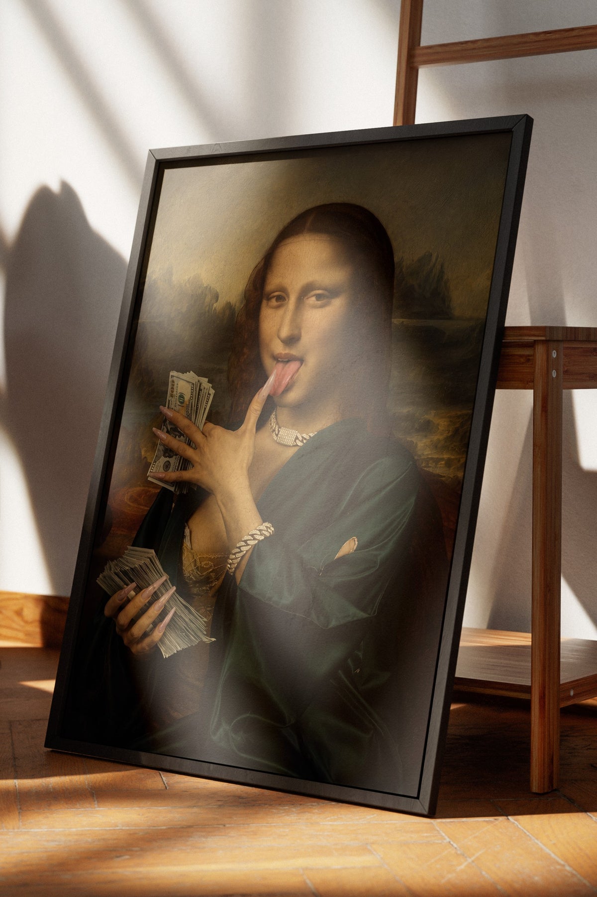 Para ve Mona Lisa Karışımı Poster – Siyah Çerçeveli Tablo