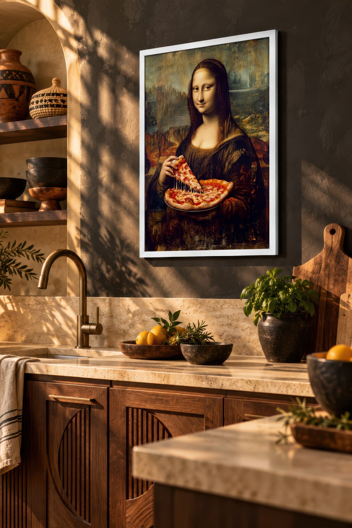 Mona Lisa ve Pizza Poster – Beyaz Çerçeveli Tablo