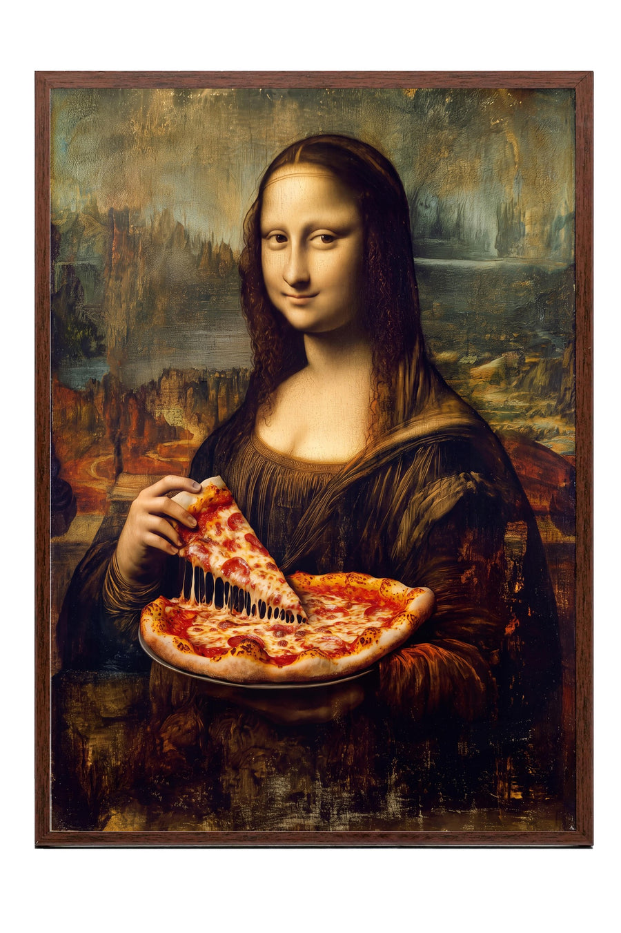 Mona Lisa ve Pizza Poster – Kahverengi Çerçeveli Tablo