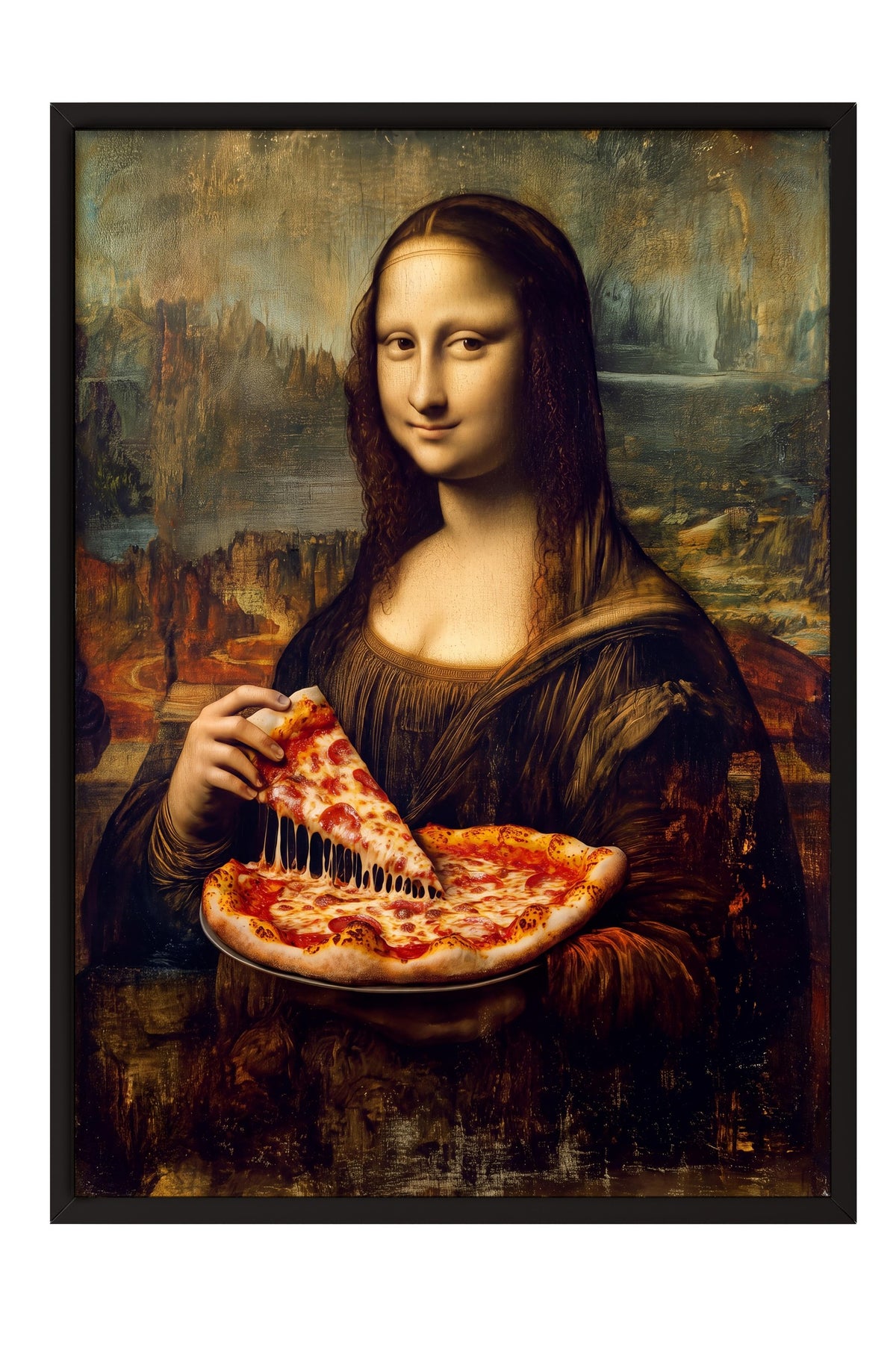 Mona Lisa ve Pizza Poster – Siyah Çerçeveli Tablo