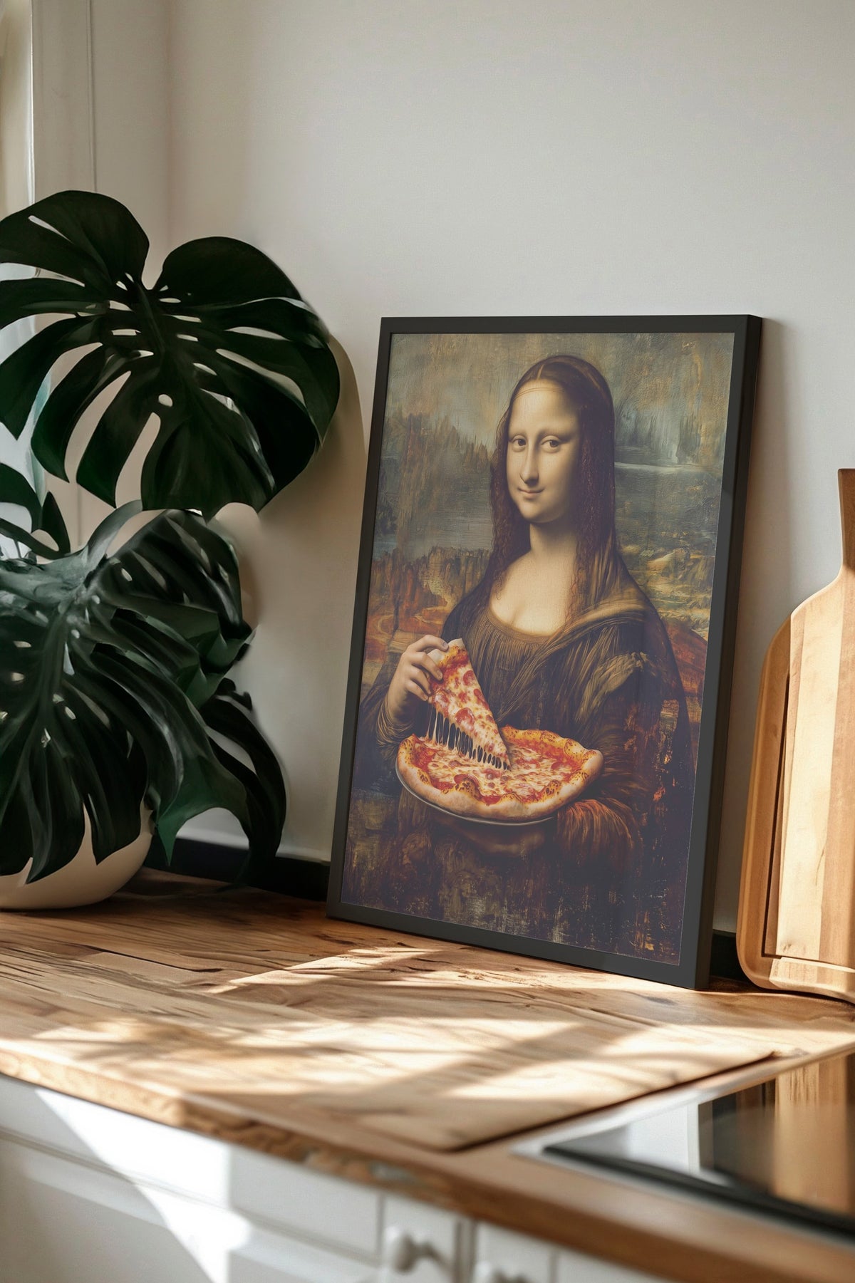 Mona Lisa ve Pizza Poster – Siyah Çerçeveli Tablo