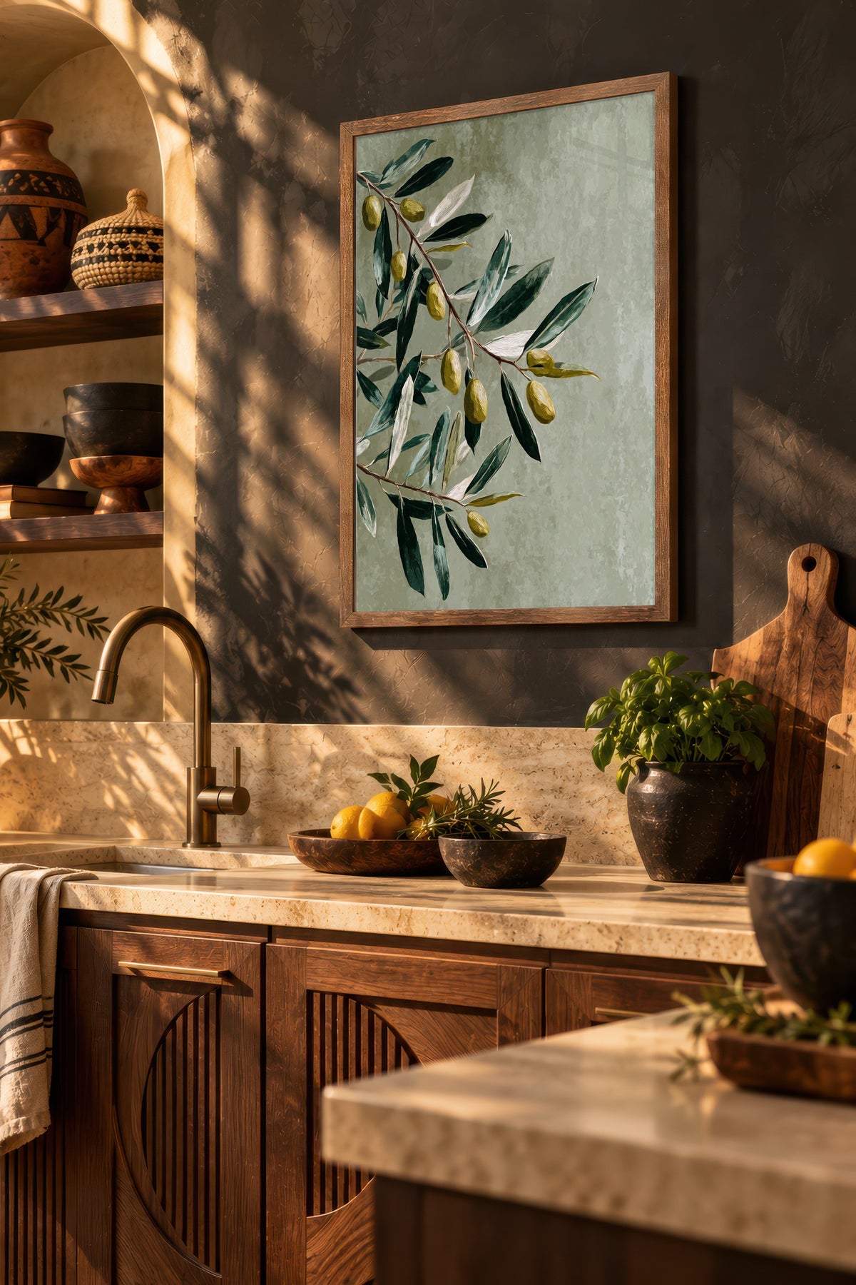 Zeytin Dalı İllüstrasyonu Poster – Kahverengi Çerçeveli Tablo