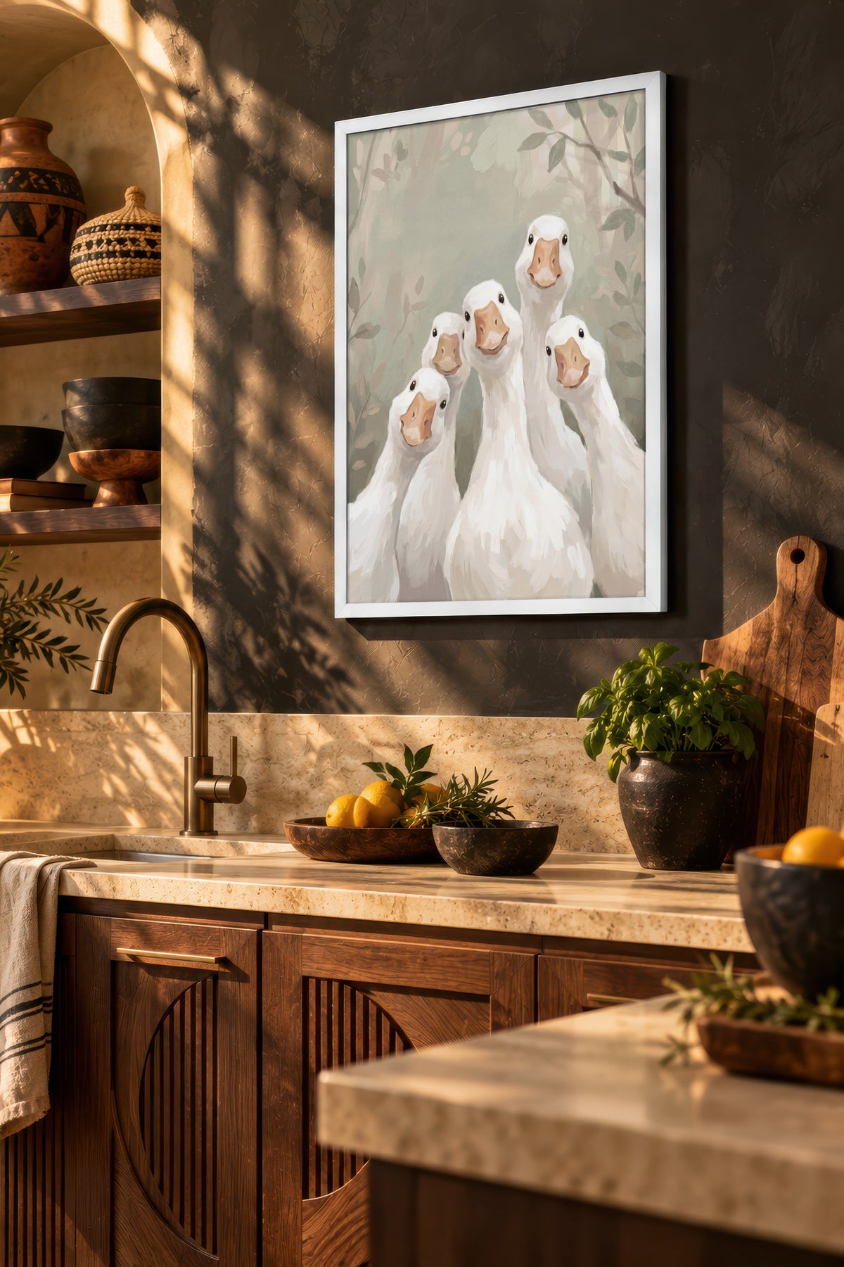 Eğlenceli Kazlar İllüstrasyonu Poster – Beyaz Çerçeveli Tablo