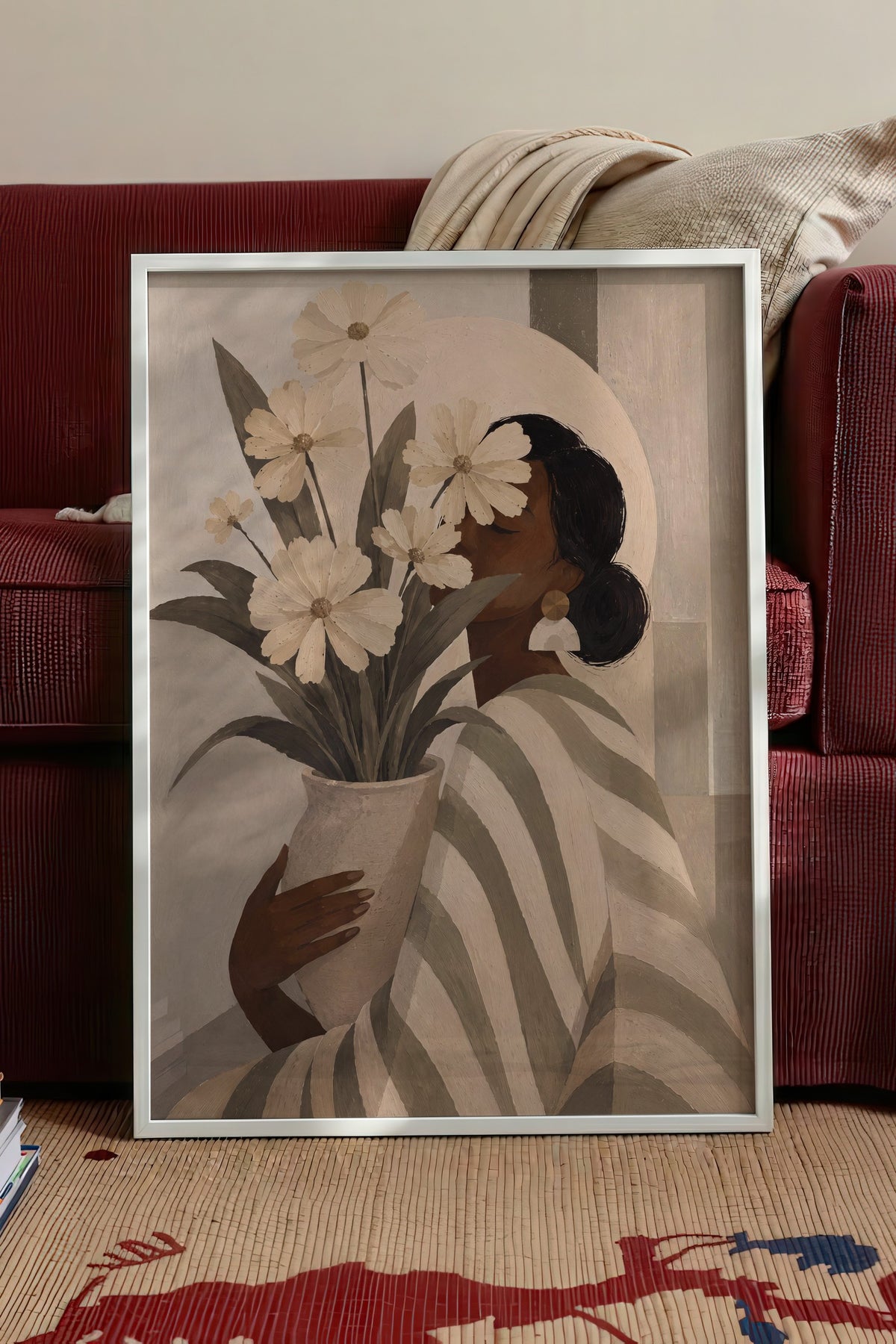 Çiçekli Kadın Portresi Poster – Beyaz Çerçeveli Tablo