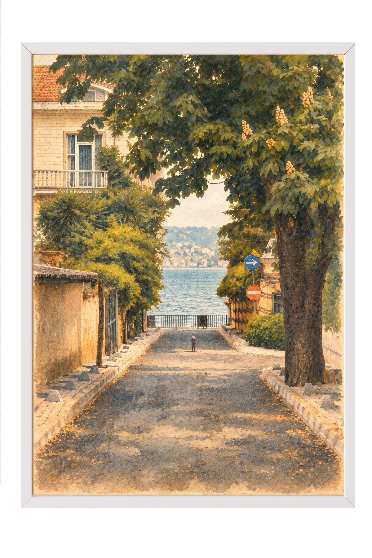 Sokak ve Deniz Manzarası Poster – Beyaz Çerçeveli Tablo