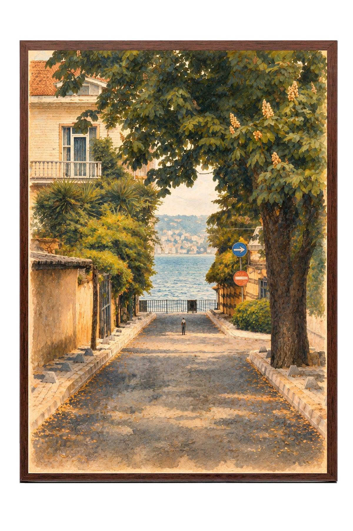 Sokak ve Deniz Manzarası Poster – Kahverengi Çerçeveli Tablo