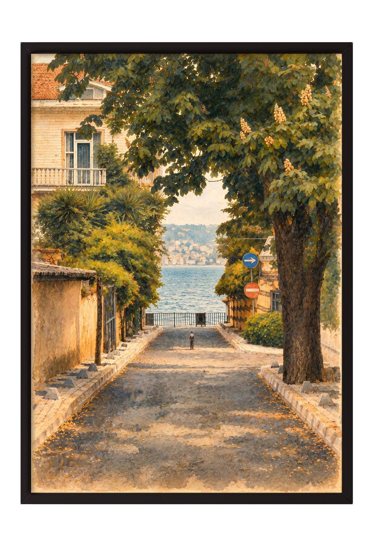 Sokak ve Deniz Manzarası Poster – Siyah Çerçeveli Tablo