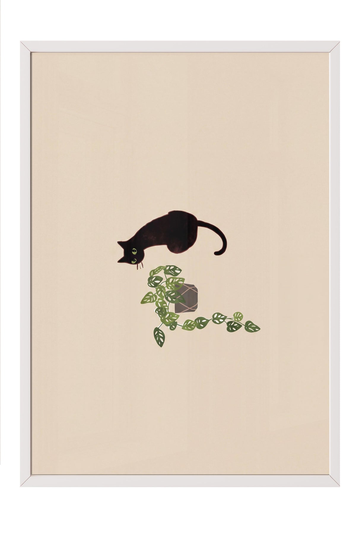 Bitkiyle Oynayan Kedi Poster – Beyaz Çerçeveli Tablo