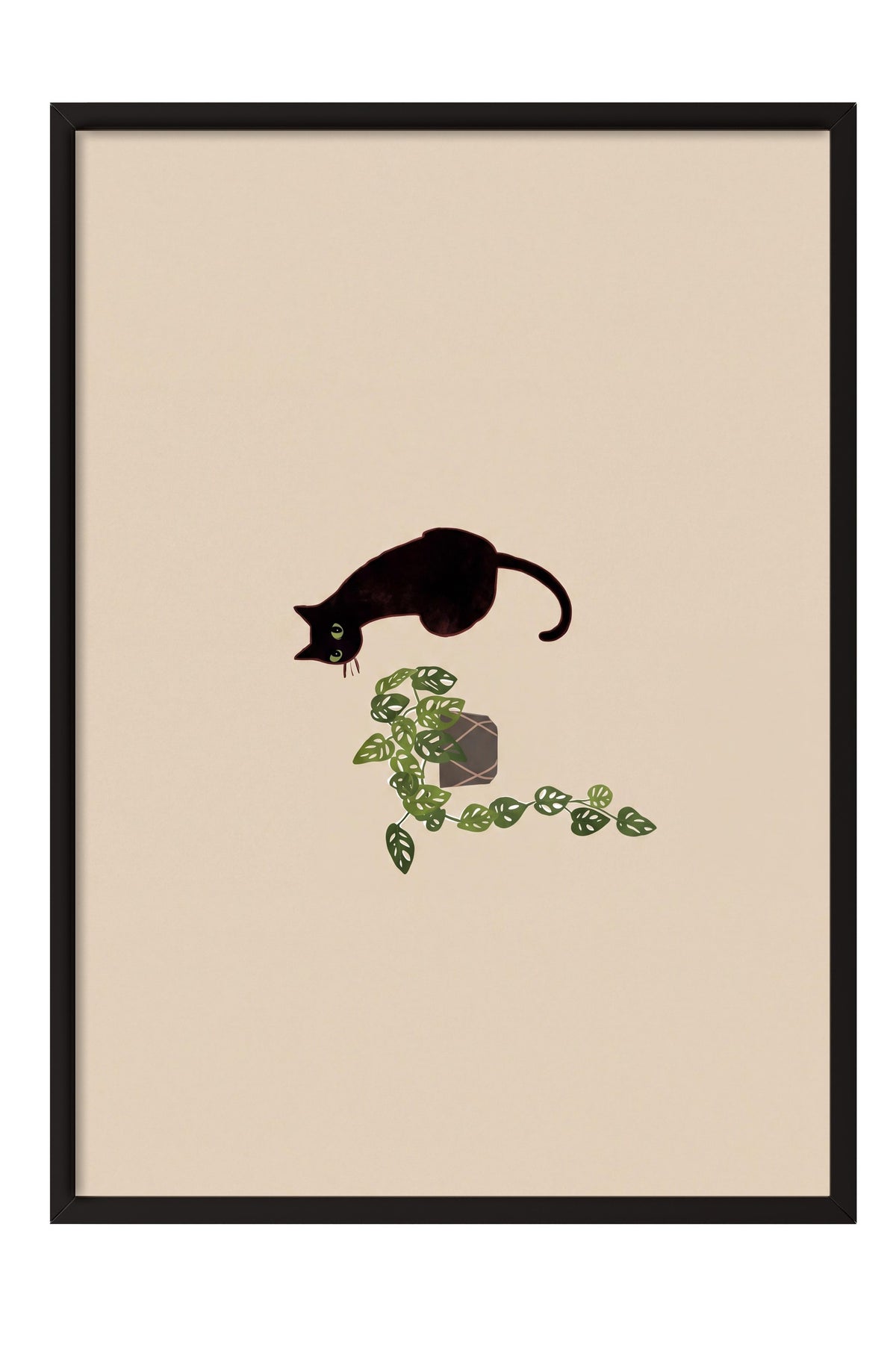 Bitkiyle Oynayan Kedi Poster – Siyah Çerçeveli Tablo