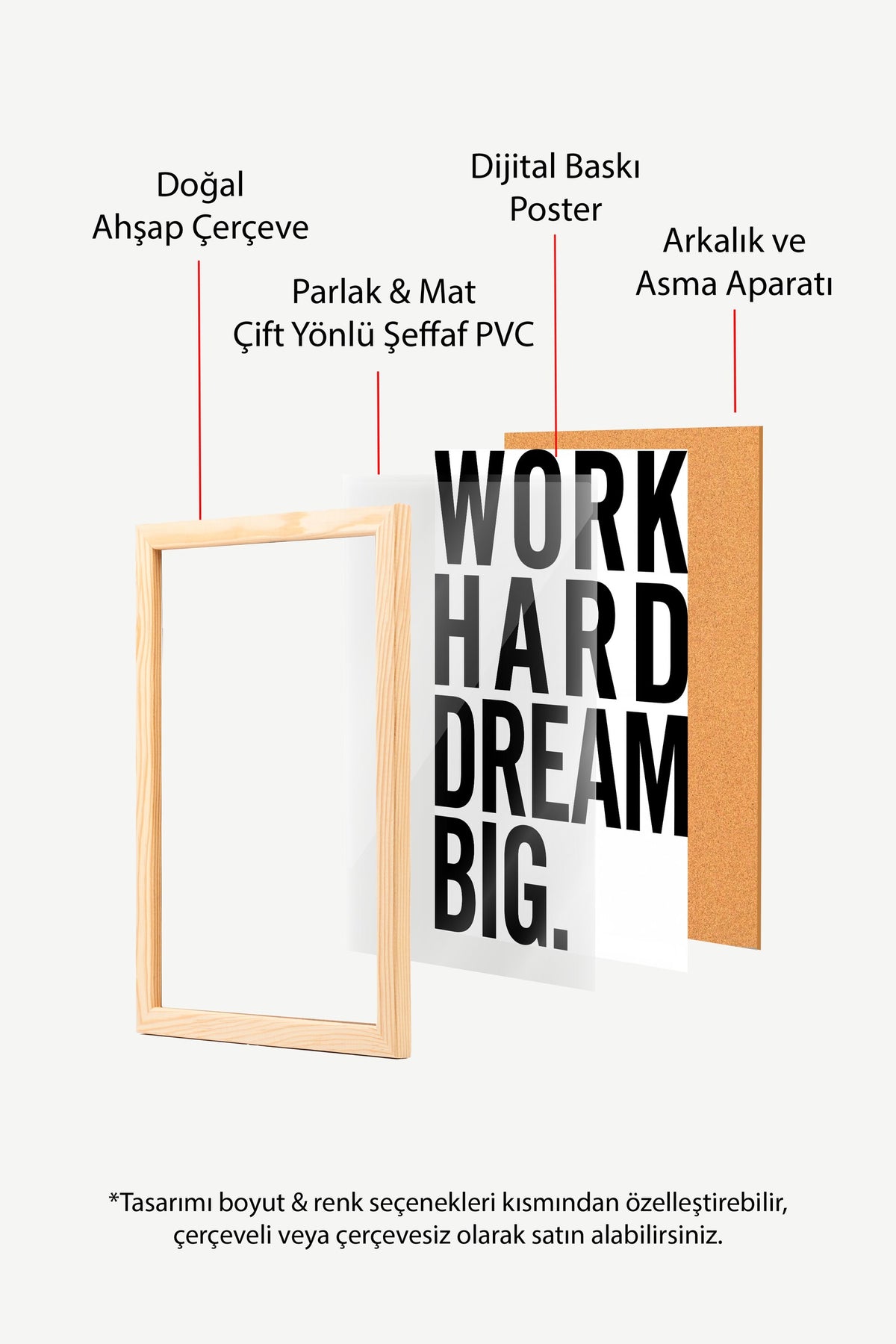 WORK HARD DREAM BIG. Poster – Ahşap Çerçeveli Tablo