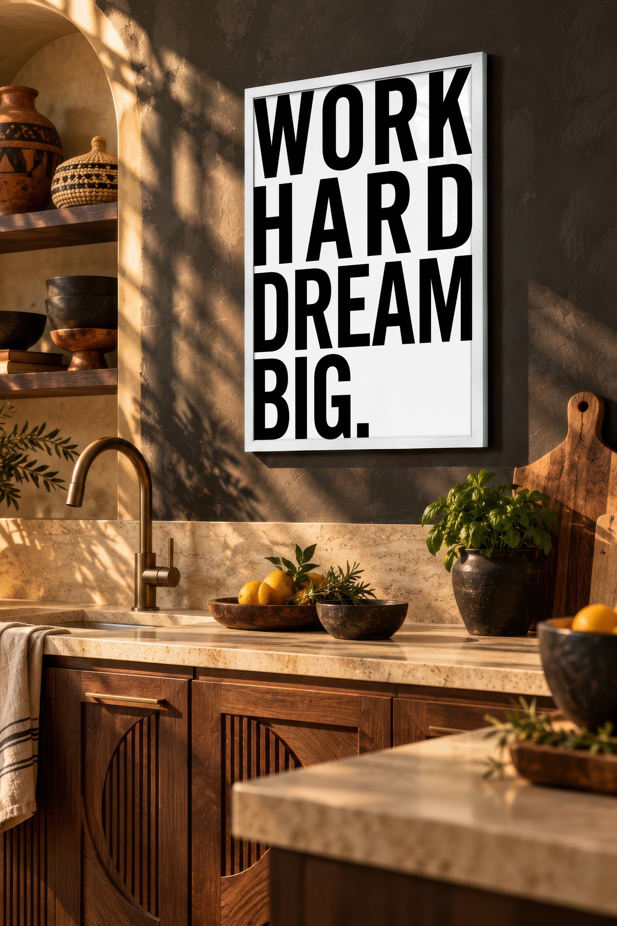 WORK HARD DREAM BIG. Poster – Beyaz Çerçeveli Tablo