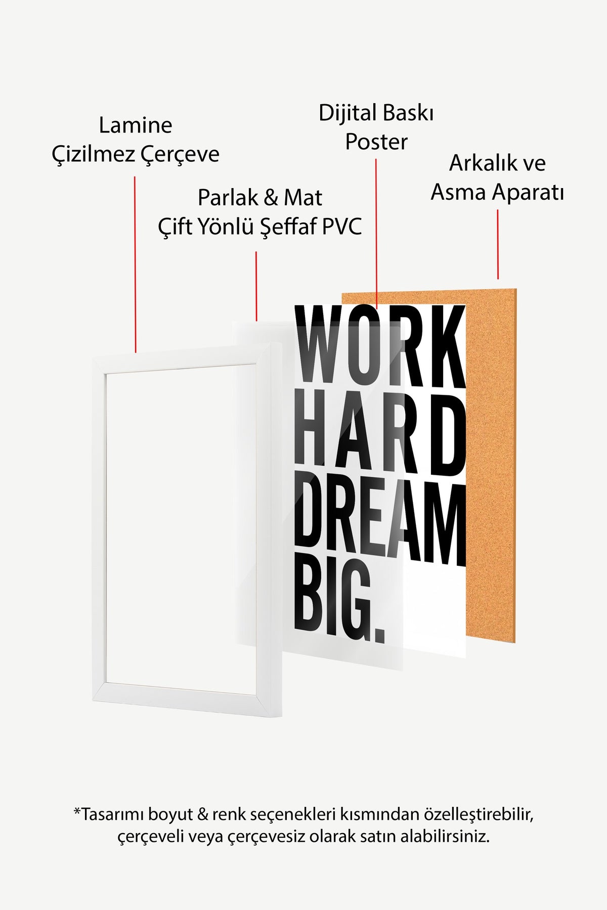 WORK HARD DREAM BIG. Poster – Beyaz Çerçeveli Tablo