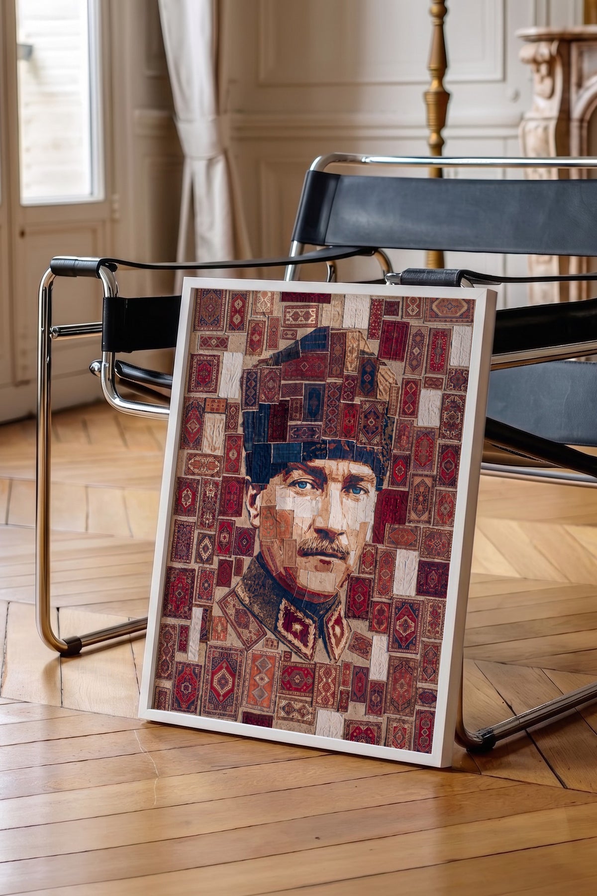 Halı Desenli Atatürk Portresi Poster – Beyaz Çerçeveli Tablo