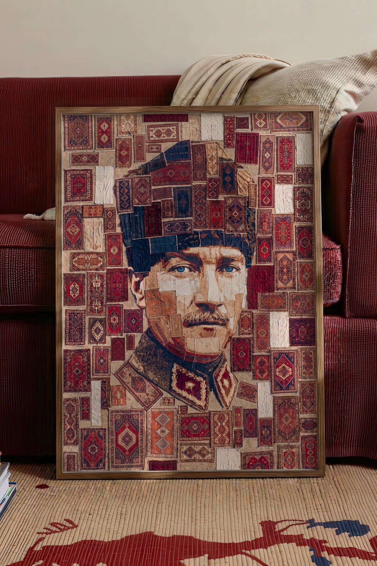 Halı Desenli Atatürk Portresi Poster – Kahverengi Çerçeveli Tablo