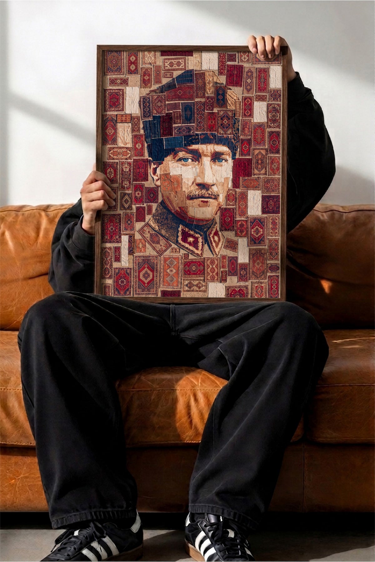 Halı Desenli Atatürk Portresi Poster – Kahverengi Çerçeveli Tablo