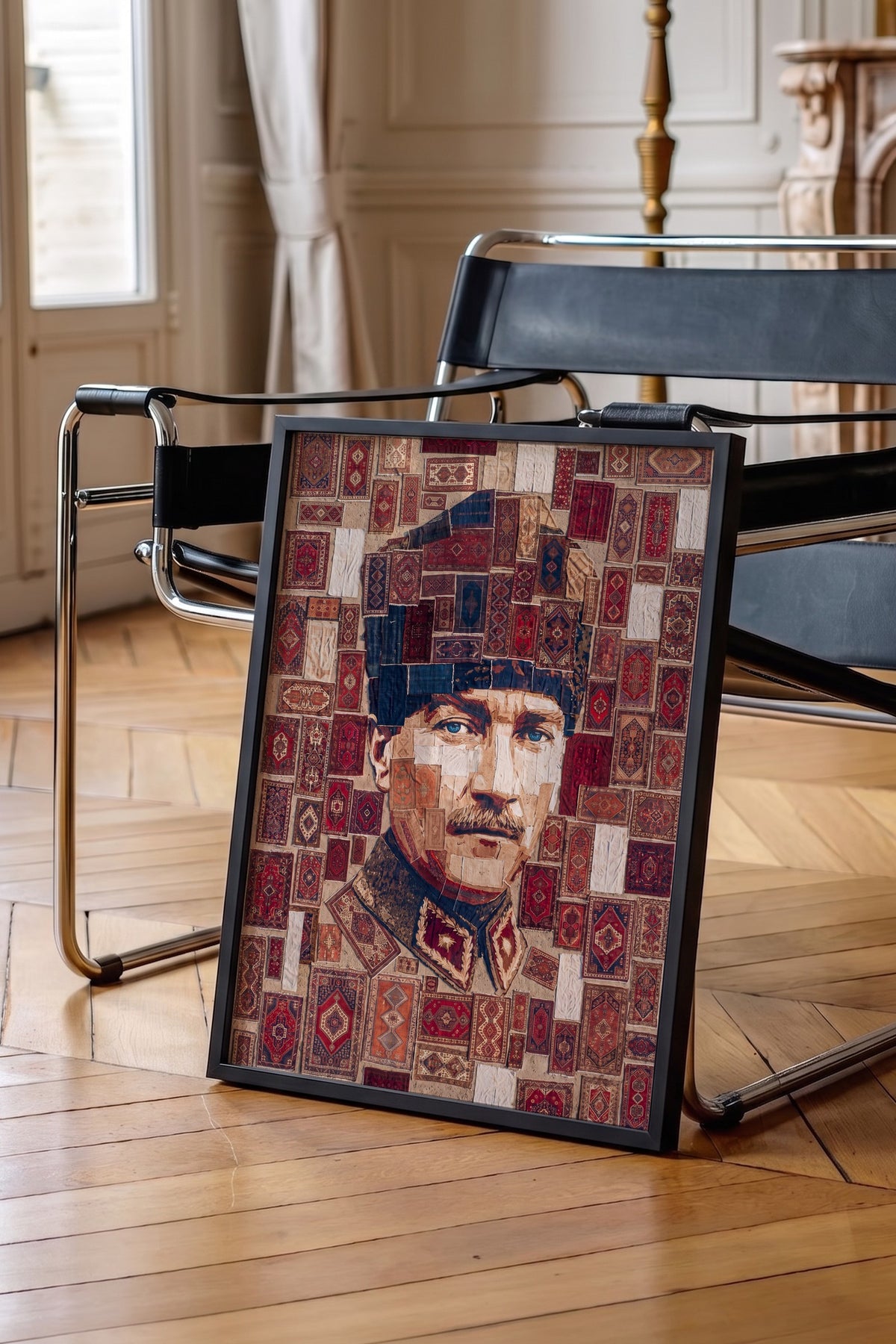 Halı Desenli Atatürk Portresi Poster – Siyah Çerçeveli Tablo