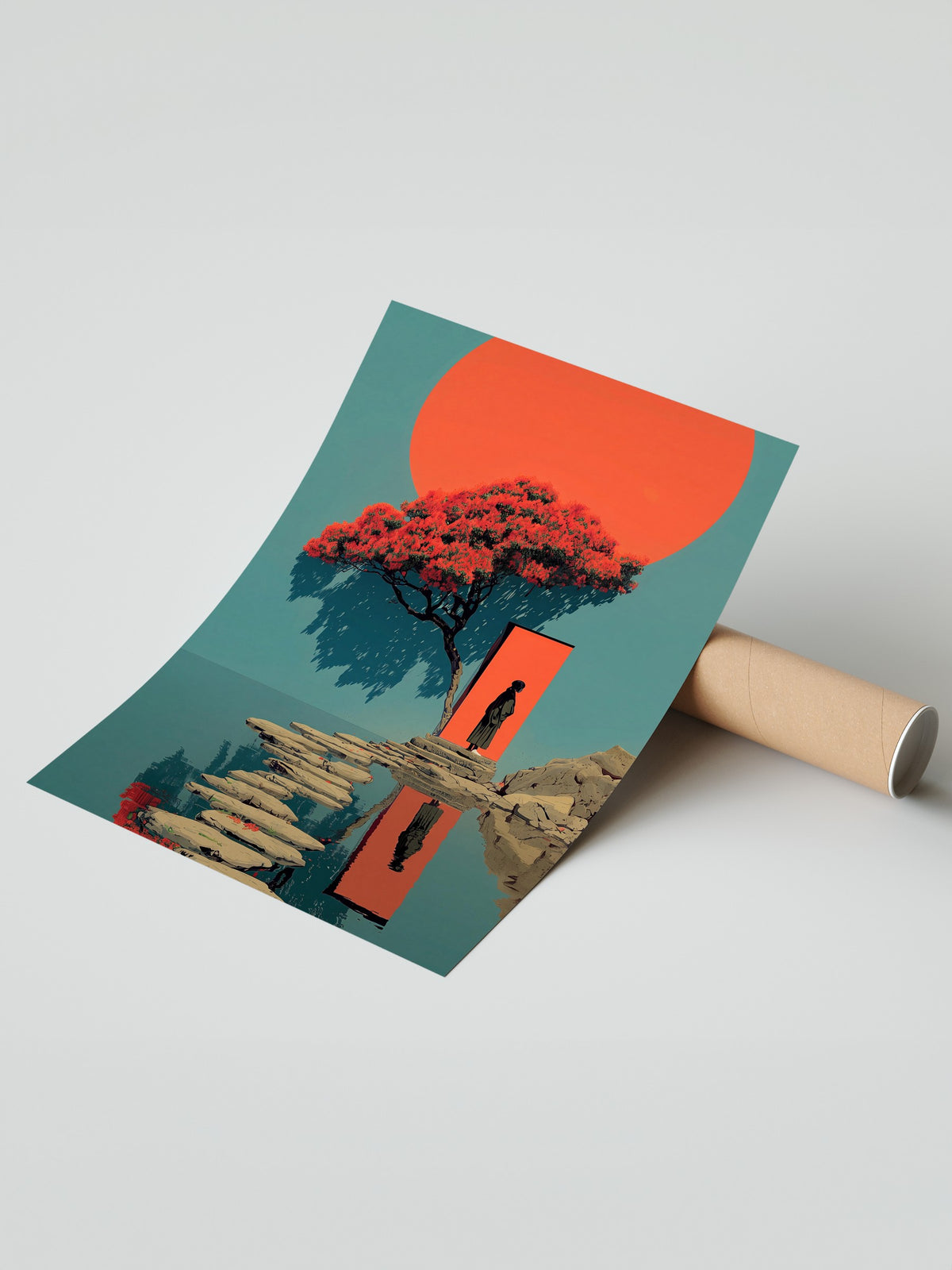 Kırmızı Güneş ve Figürlü Sahne Çerçevesiz Poster