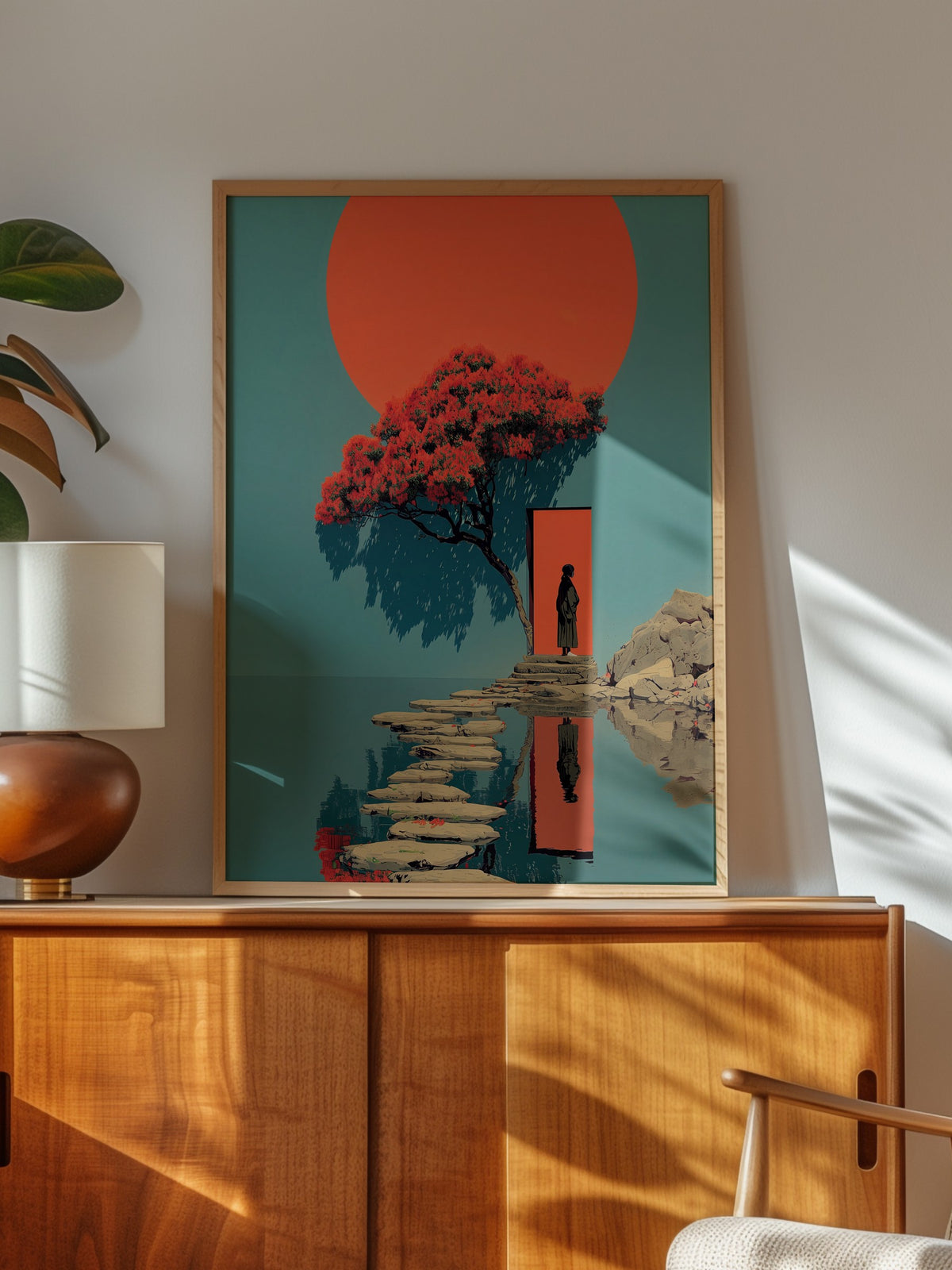 Kırmızı Güneş ve Figürlü Sahne Poster – Ahşap Çerçeveli Tablo