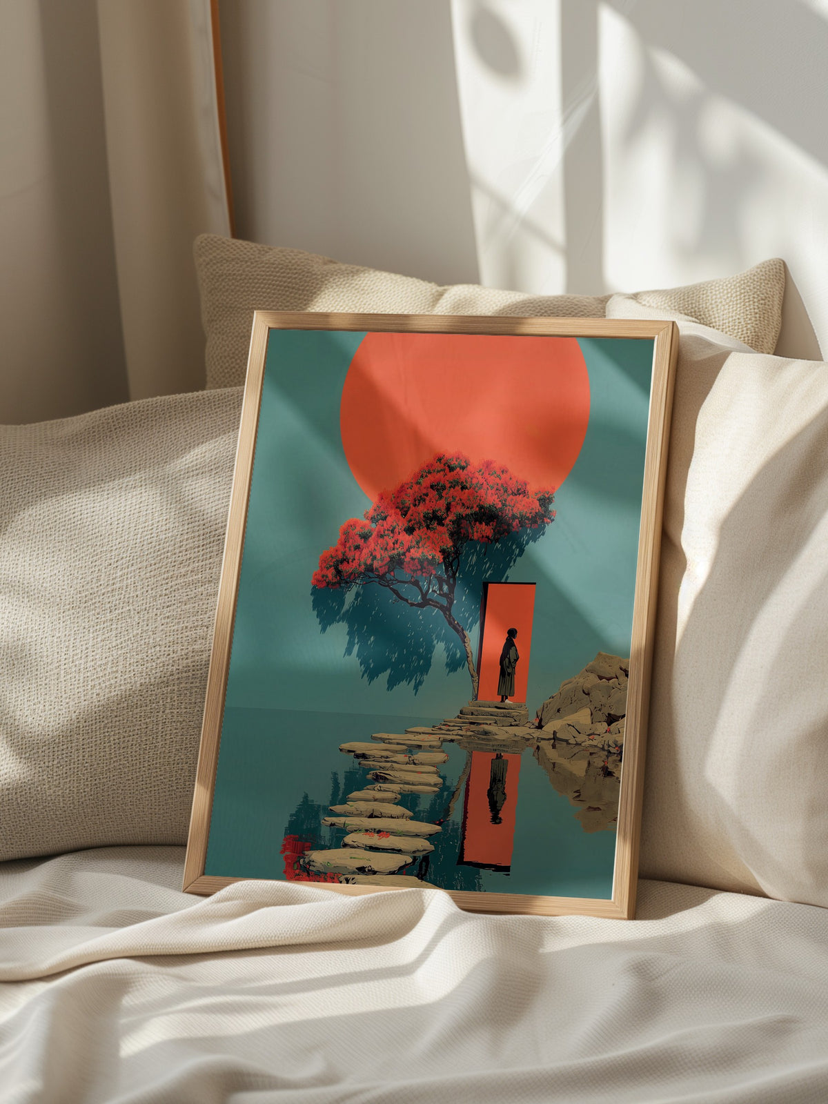 Kırmızı Güneş ve Figürlü Sahne Poster – Ahşap Çerçeveli Tablo