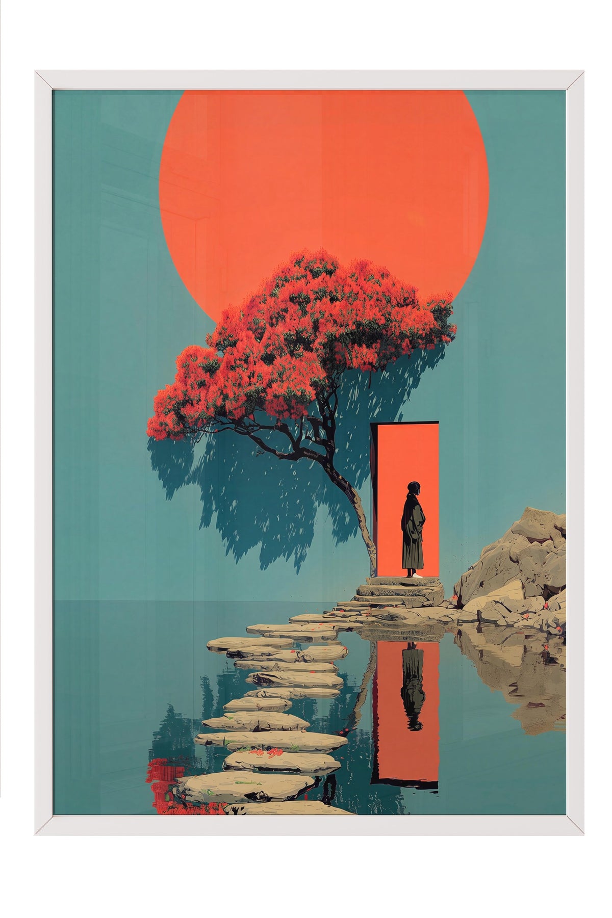 Kırmızı Güneş ve Figürlü Sahne Poster – Beyaz Çerçeveli Tablo