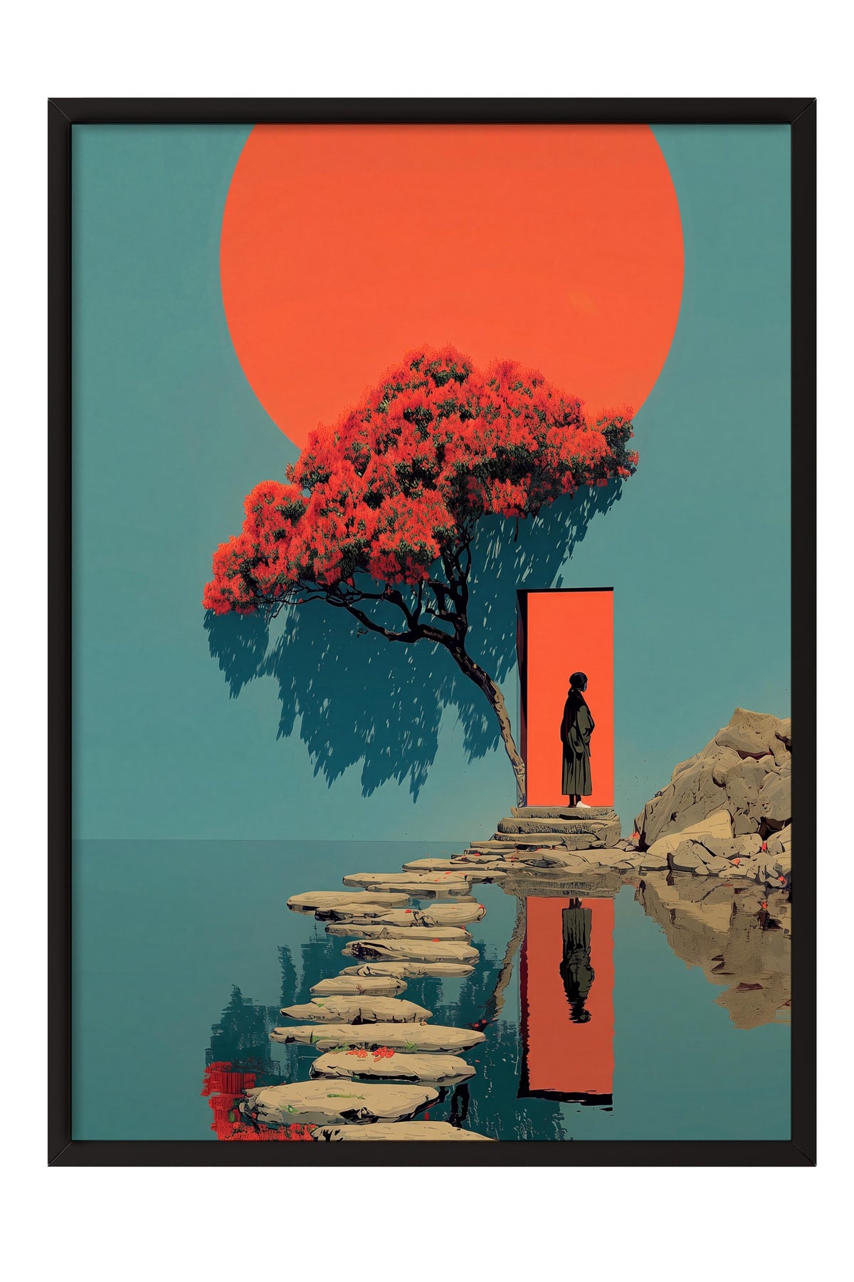 Kırmızı Güneş ve Figürlü Sahne Poster – Siyah Çerçeveli Tablo