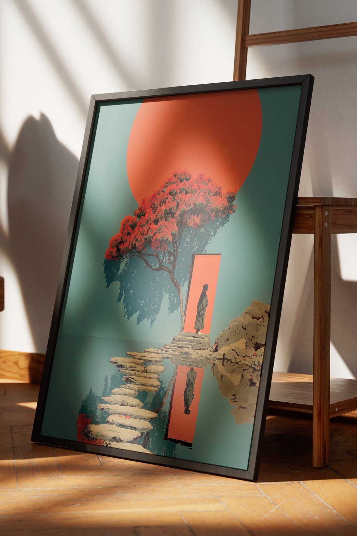 Kırmızı Güneş ve Figürlü Sahne Poster – Siyah Çerçeveli Tablo