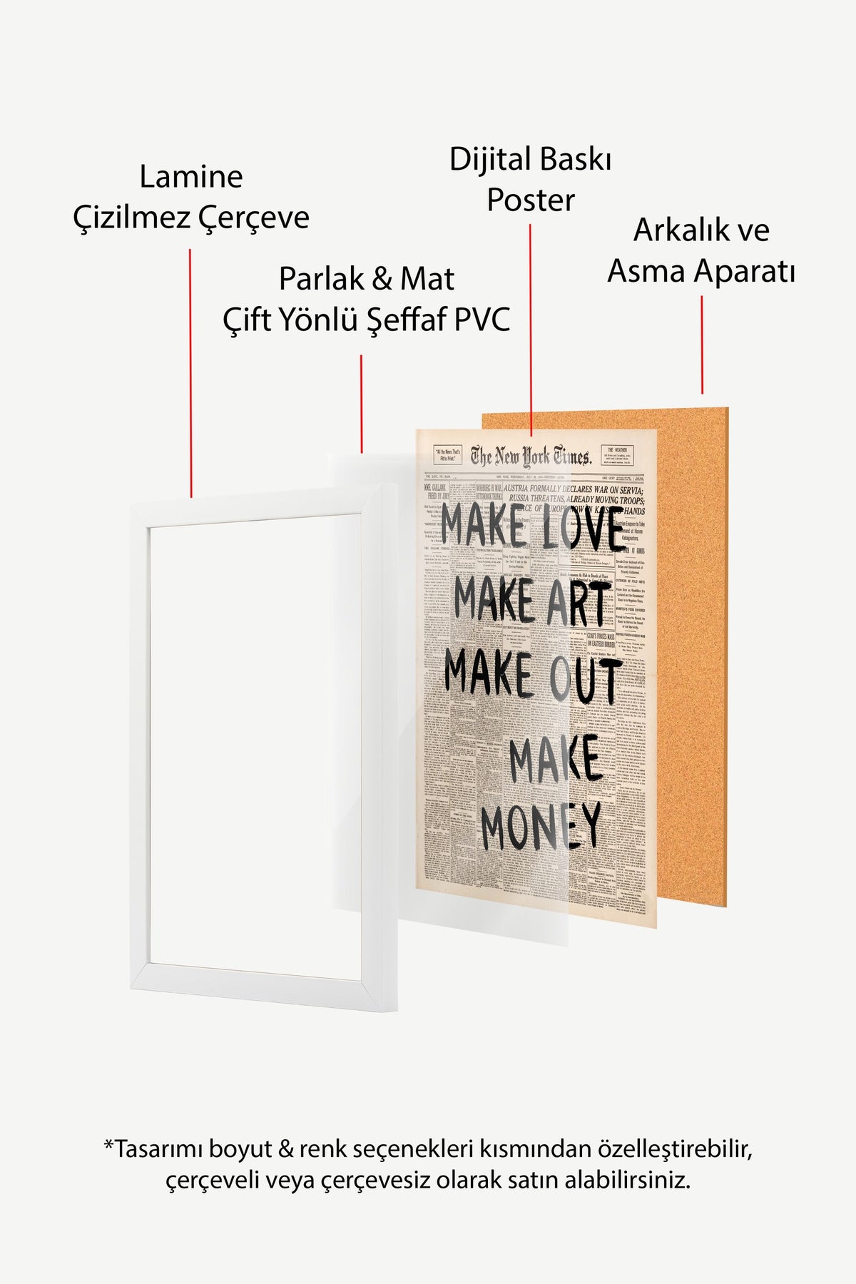 MAKE LOVE MAKE ART MAKE OUT MAKE MONEY Poster – Beyaz Çerçeveli Tablo