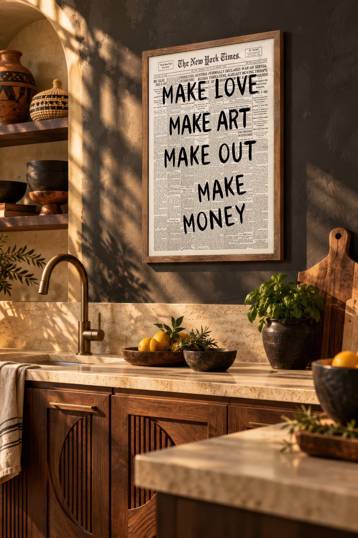 MAKE LOVE MAKE ART MAKE OUT MAKE MONEY Poster – Kahverengi Çerçeveli Tablo