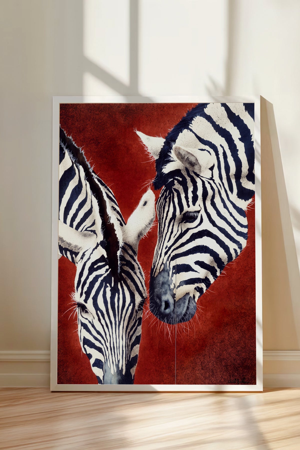 Etkileşim Halinde İki Zebra Poster – Beyaz Çerçeveli Tablo