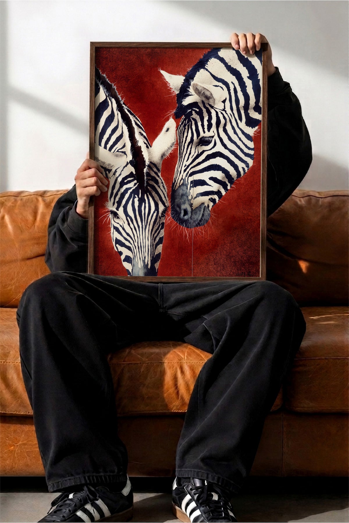 Etkileşim Halinde İki Zebra Poster – Kahverengi Çerçeveli Tablo