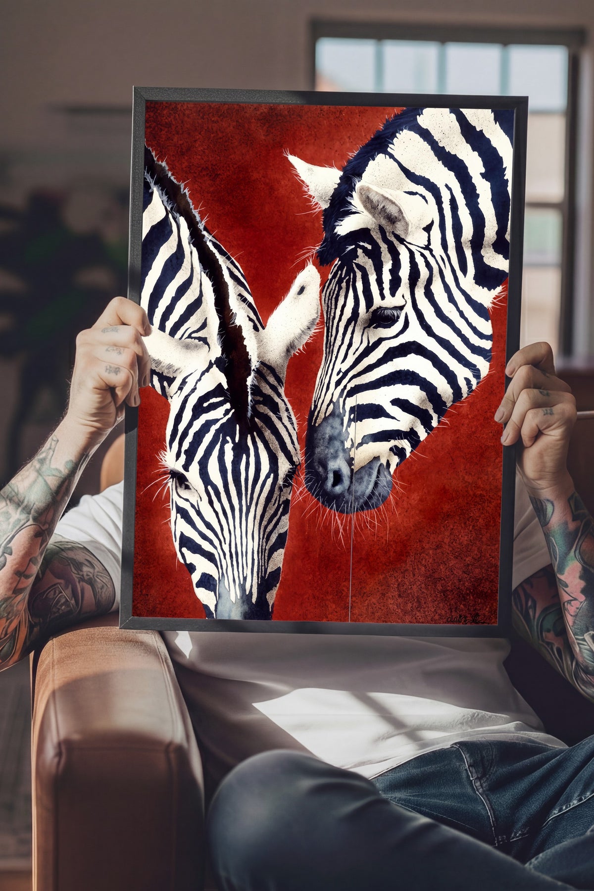 Etkileşim Halinde İki Zebra Poster – Siyah Çerçeveli Tablo