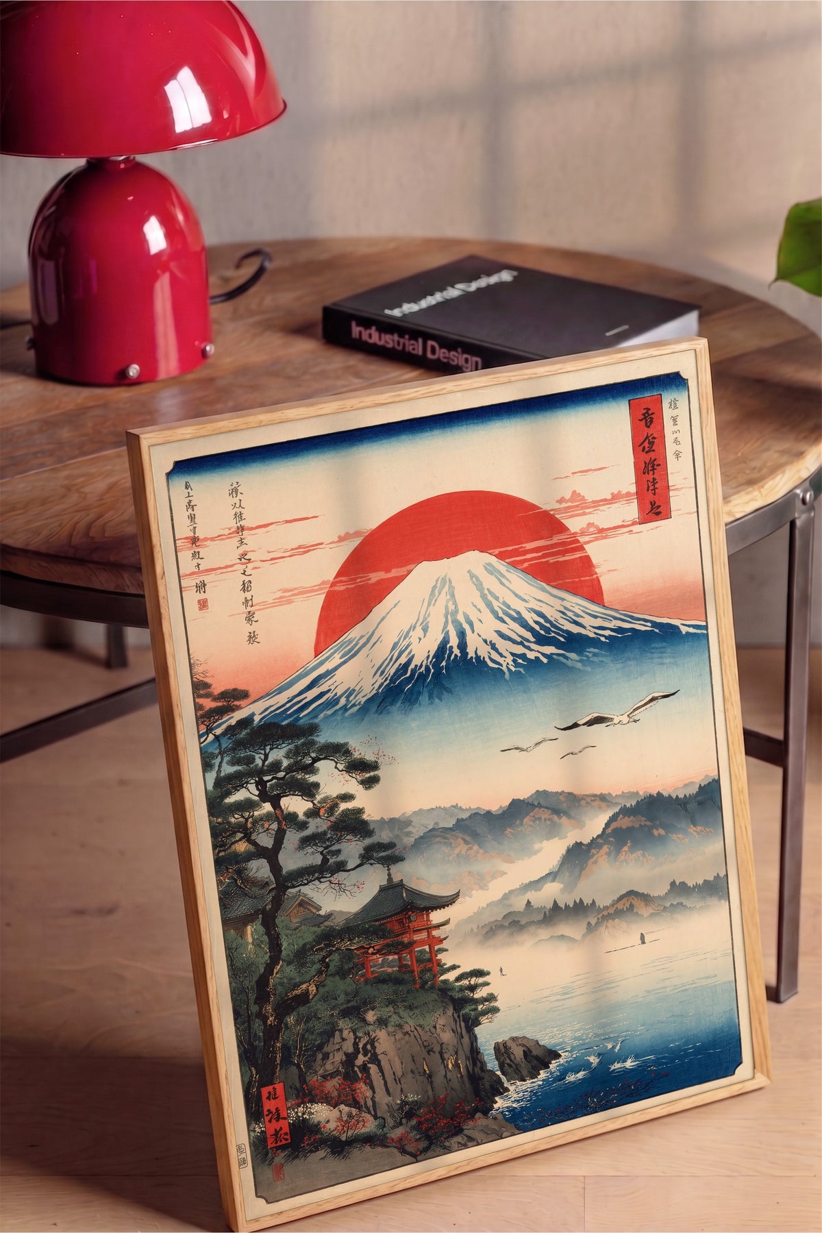 Mount Fuji ve Kırmızı Güneş Poster – Ahşap Çerçeveli Tablo