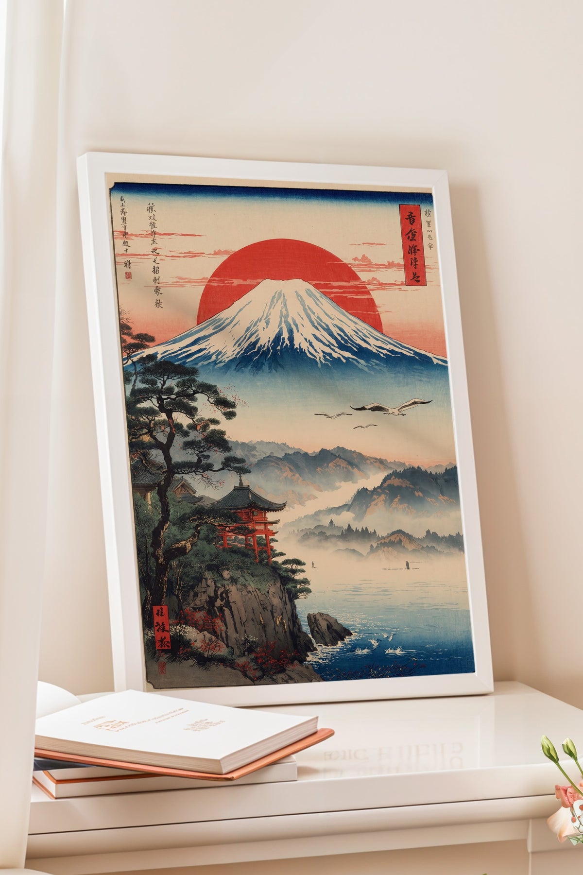 Mount Fuji ve Kırmızı Güneş Poster – Beyaz Çerçeveli Tablo