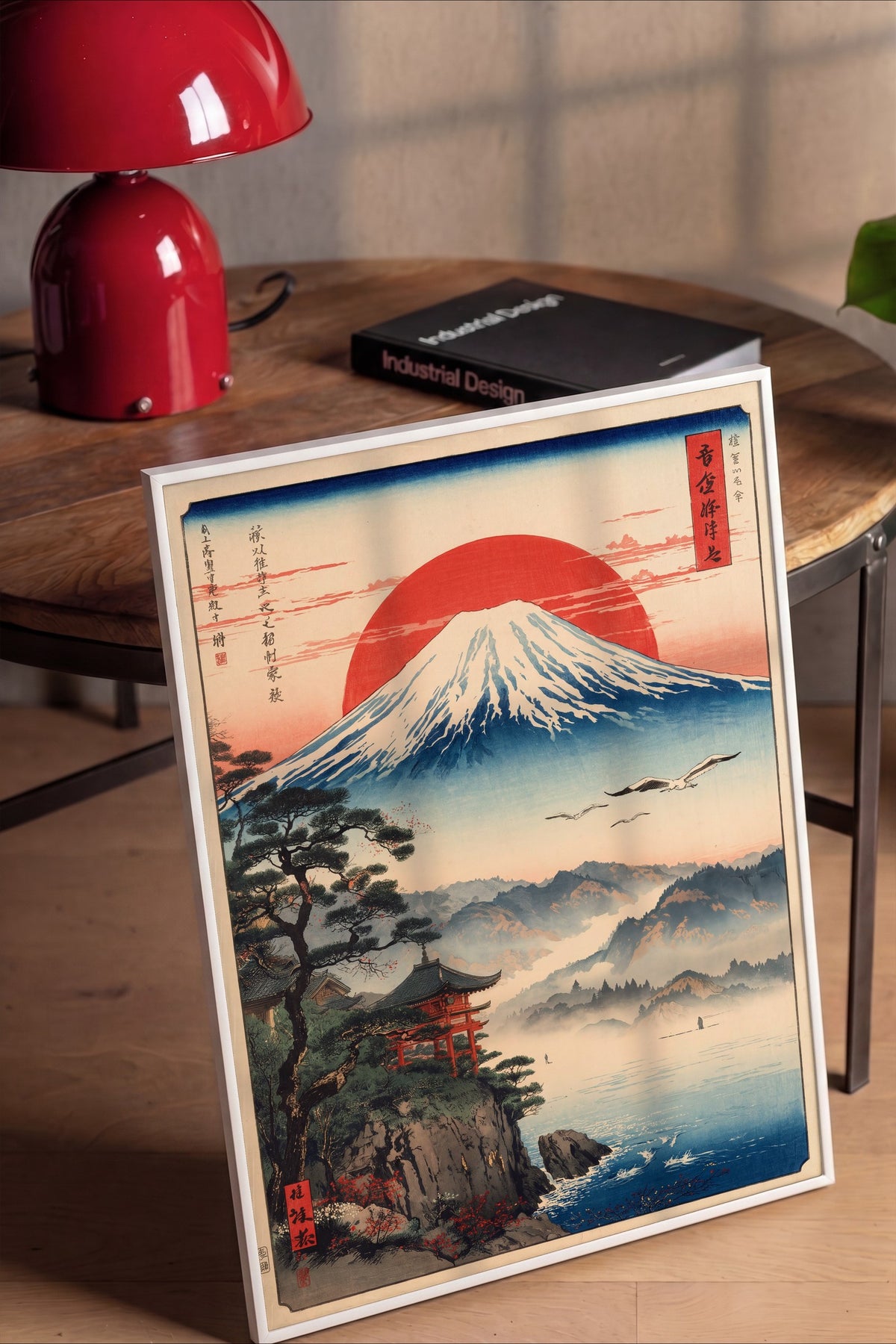 Mount Fuji ve Kırmızı Güneş Poster – Beyaz Çerçeveli Tablo