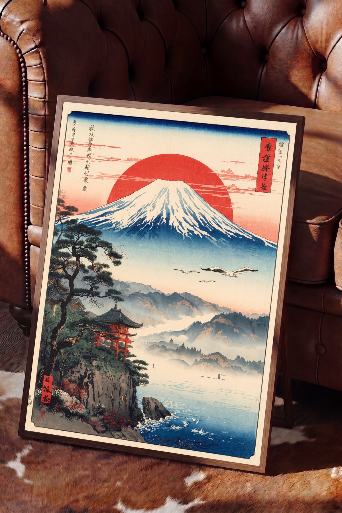 Mount Fuji ve Kırmızı Güneş Poster – Kahverengi Çerçeveli Tablo