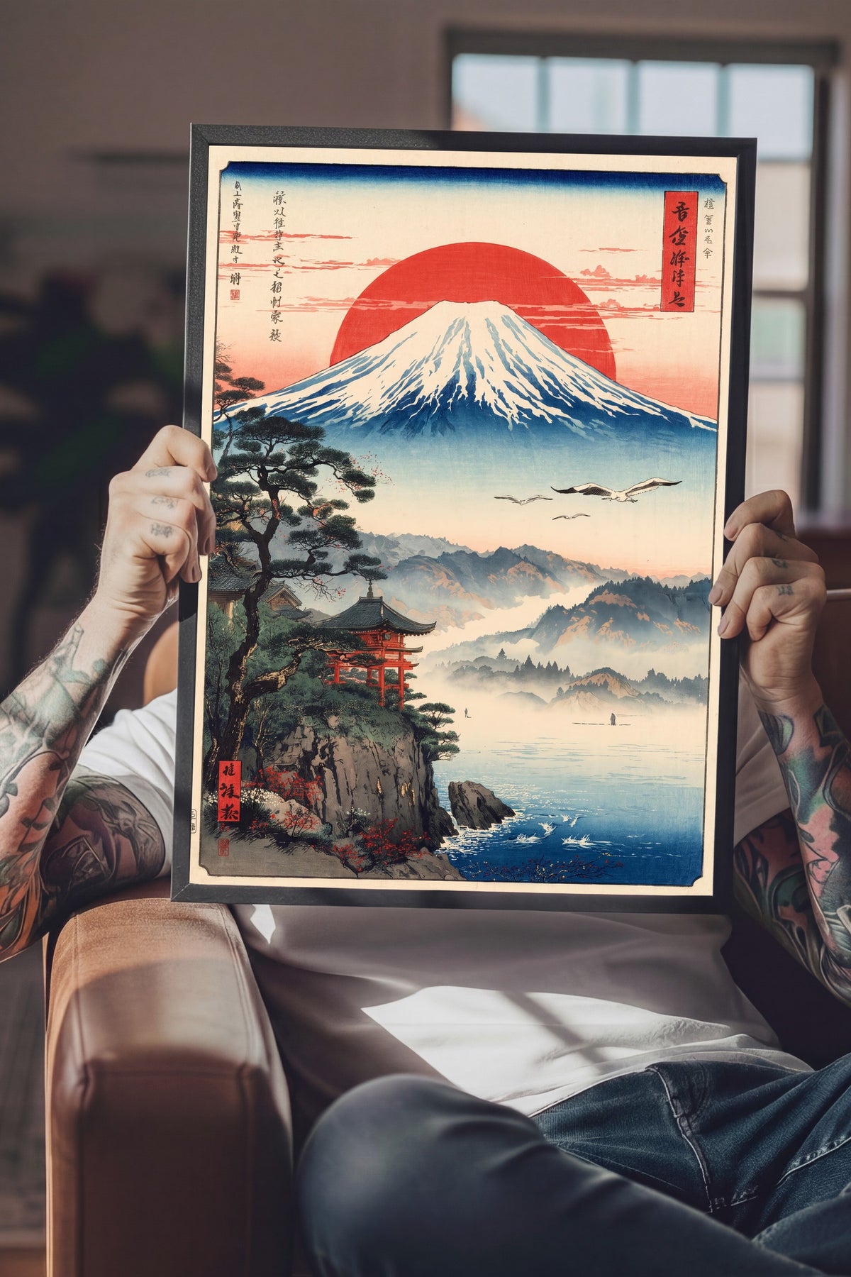 Mount Fuji ve Kırmızı Güneş Poster – Siyah Çerçeveli Tablo