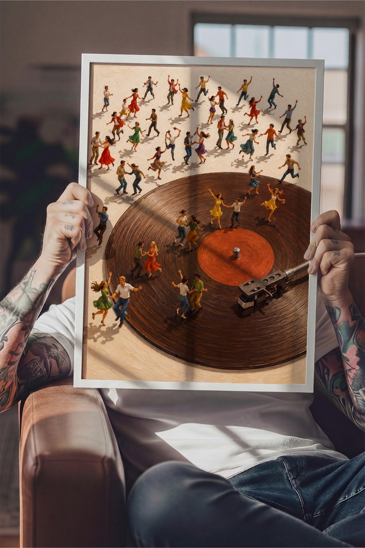 Dans Eden İnsanlar ve Plak Poster – Beyaz Çerçeveli Tablo