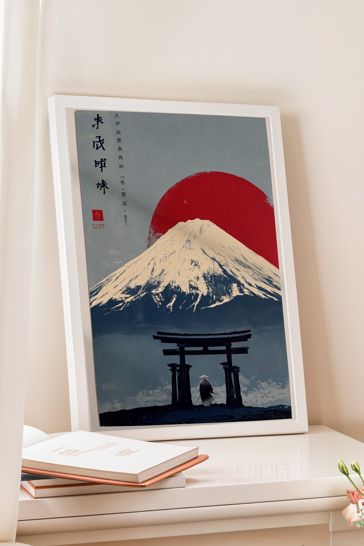 Torii Kapısı ve Fuji Dağı Manzarası Poster – Beyaz Çerçeveli Tablo