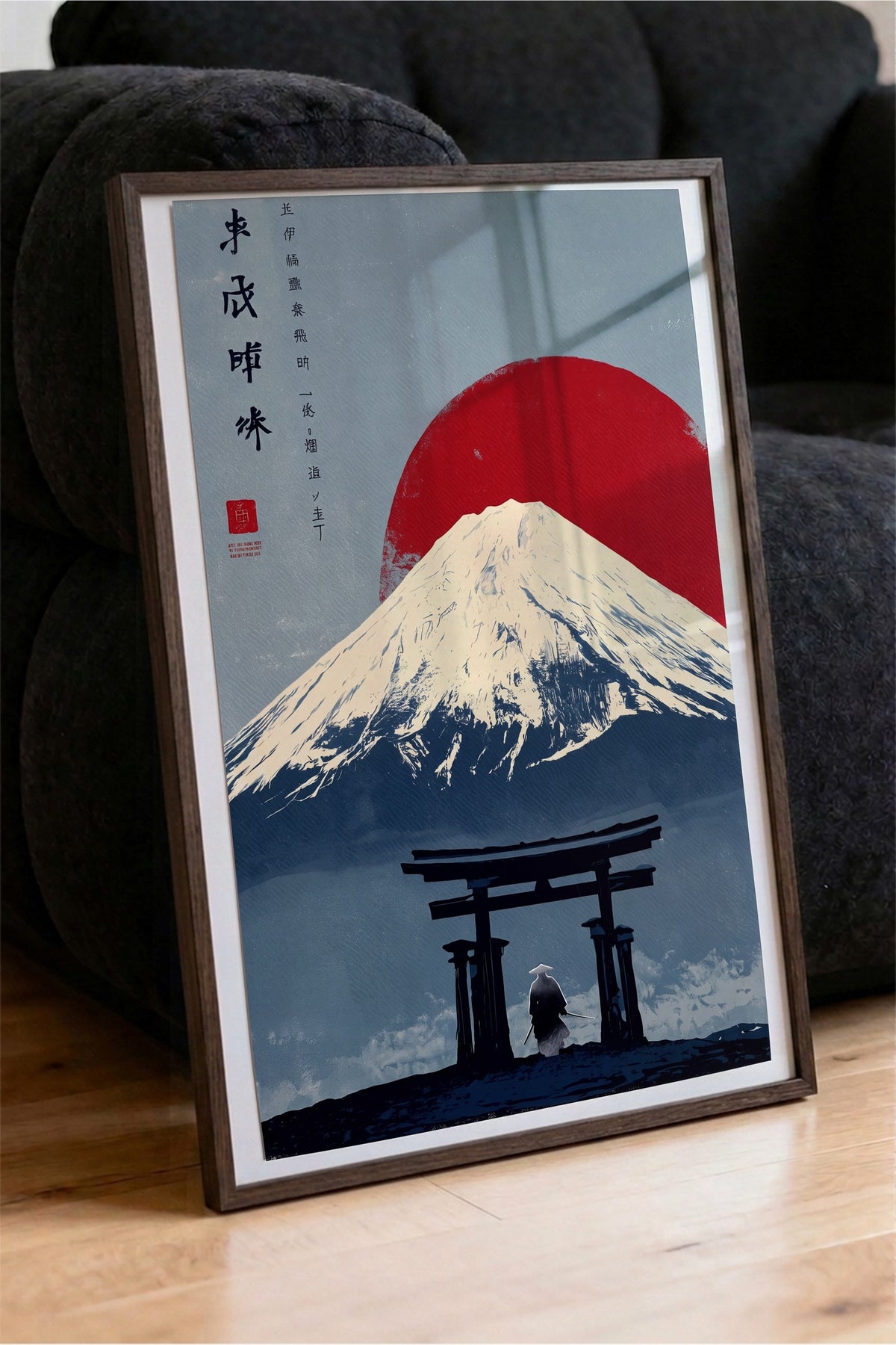 Torii Kapısı ve Fuji Dağı Manzarası Poster – Kahverengi Çerçeveli Tablo