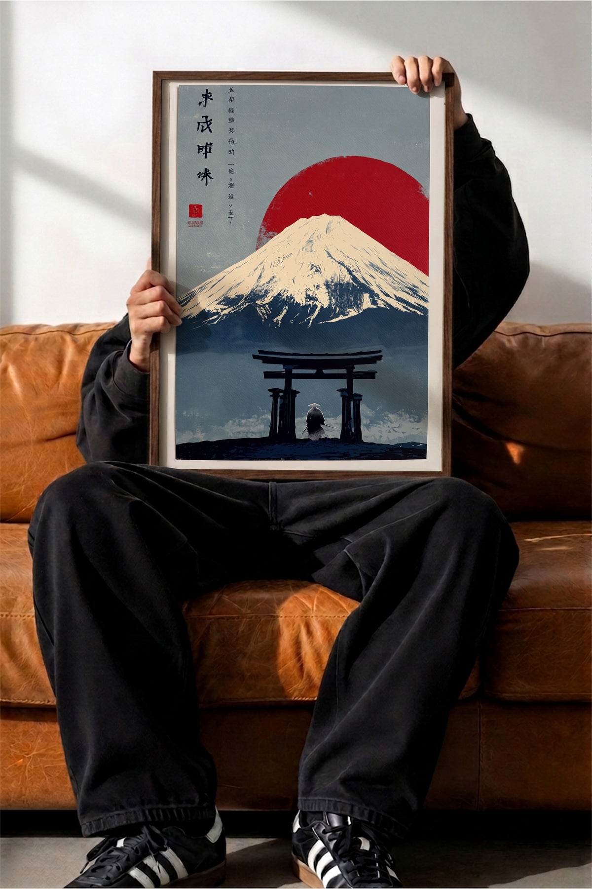 Torii Kapısı ve Fuji Dağı Manzarası Poster – Kahverengi Çerçeveli Tablo