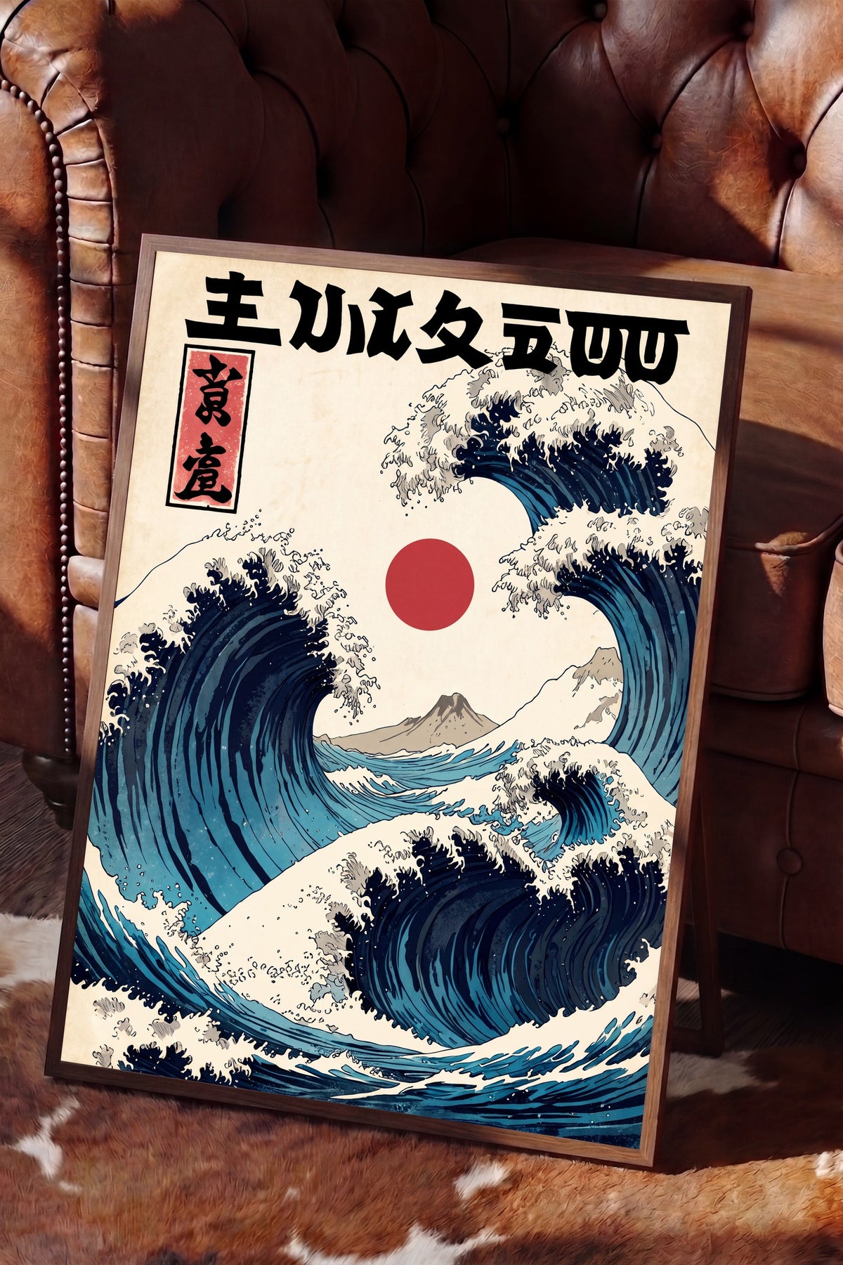 Japon Dalga Sanatı Poster – Kahverengi Çerçeveli Tablo