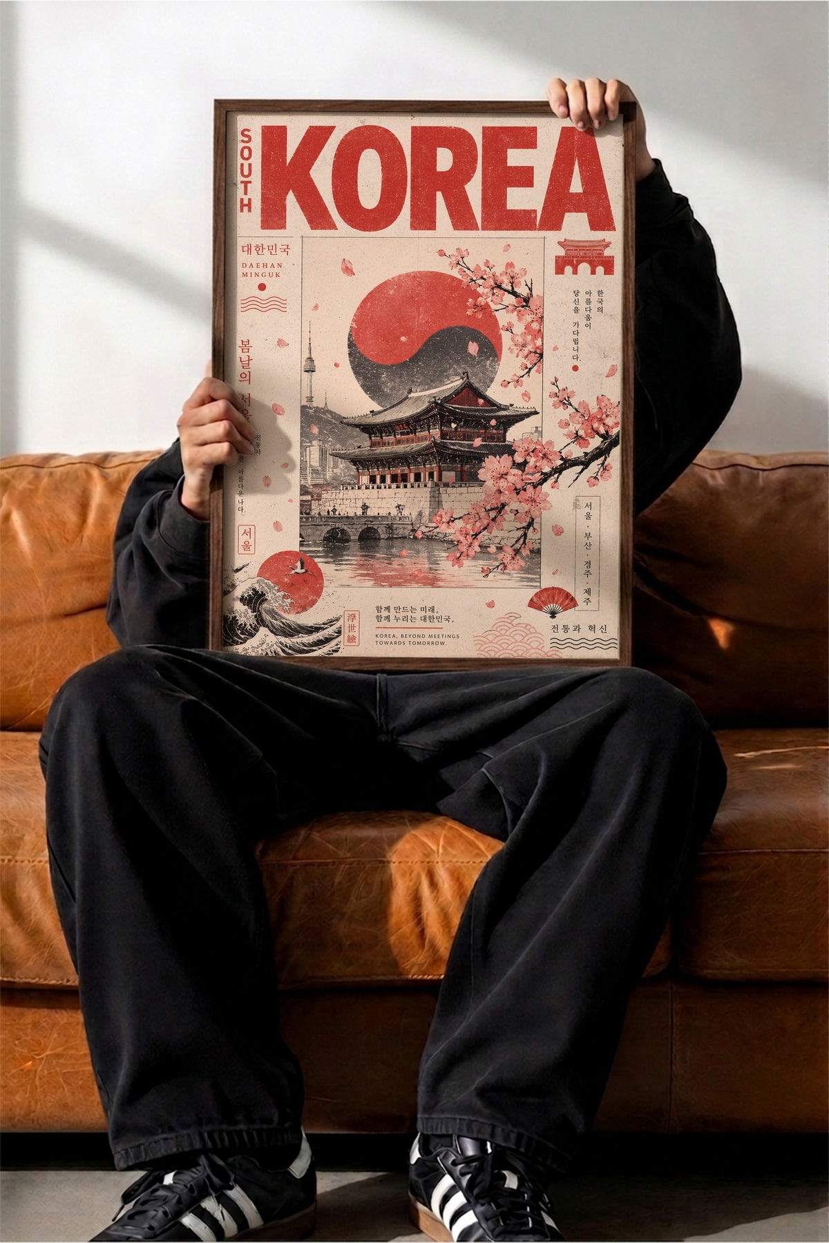 Geleneksel Kore Manzarası Poster – Kahverengi Çerçeveli Tablo