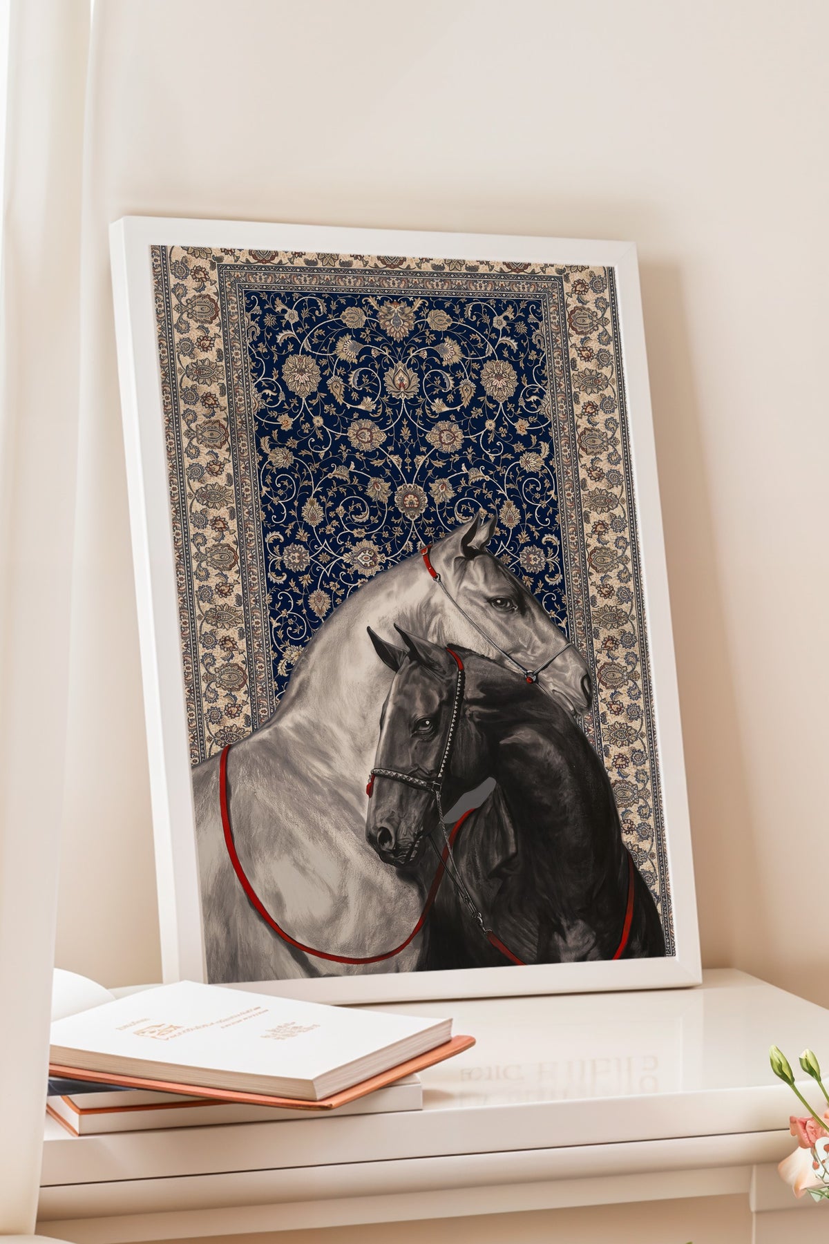 İki At ve Halı Deseni Poster – Beyaz Çerçeveli Tablo