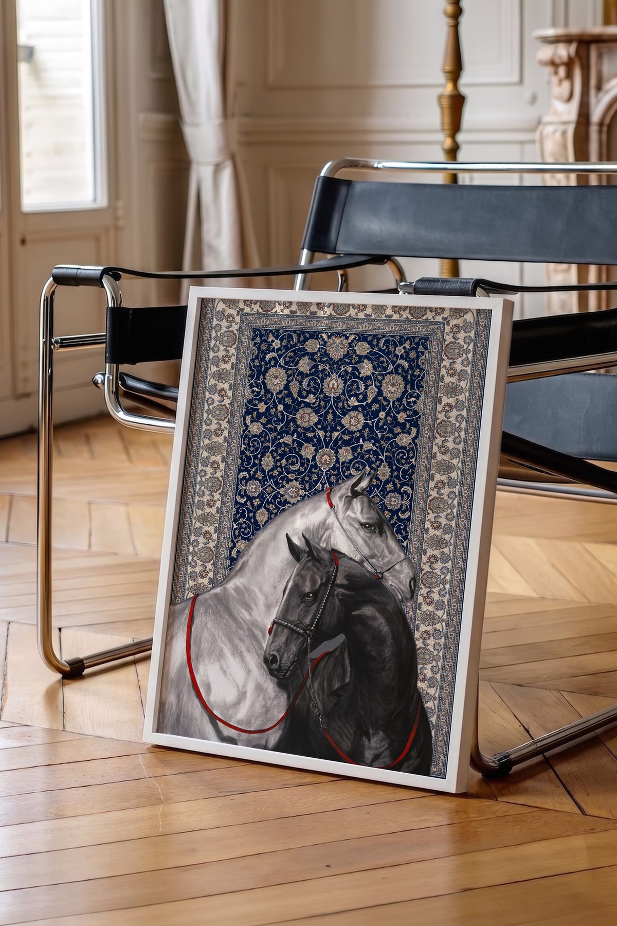 İki At ve Halı Deseni Poster – Beyaz Çerçeveli Tablo