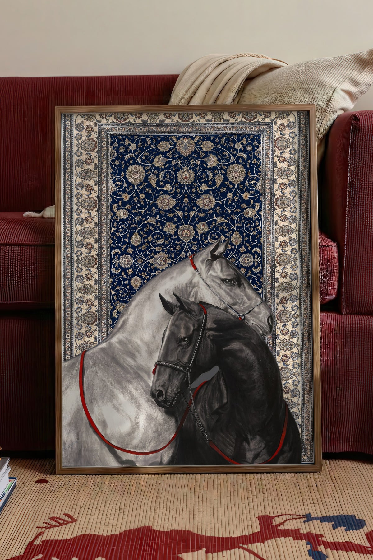İki At ve Halı Deseni Poster – Kahverengi Çerçeveli Tablo
