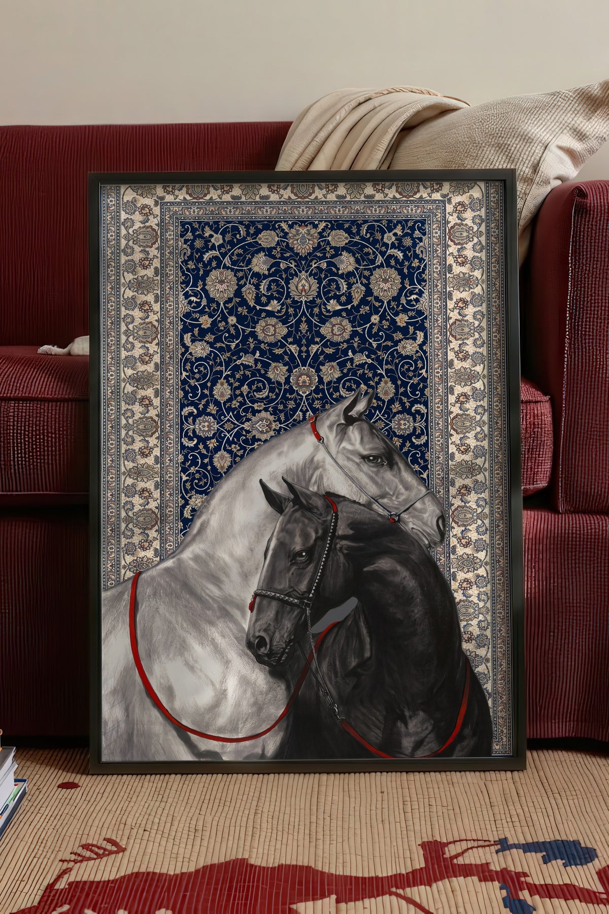 İki At ve Halı Deseni Poster – Siyah Çerçeveli Tablo