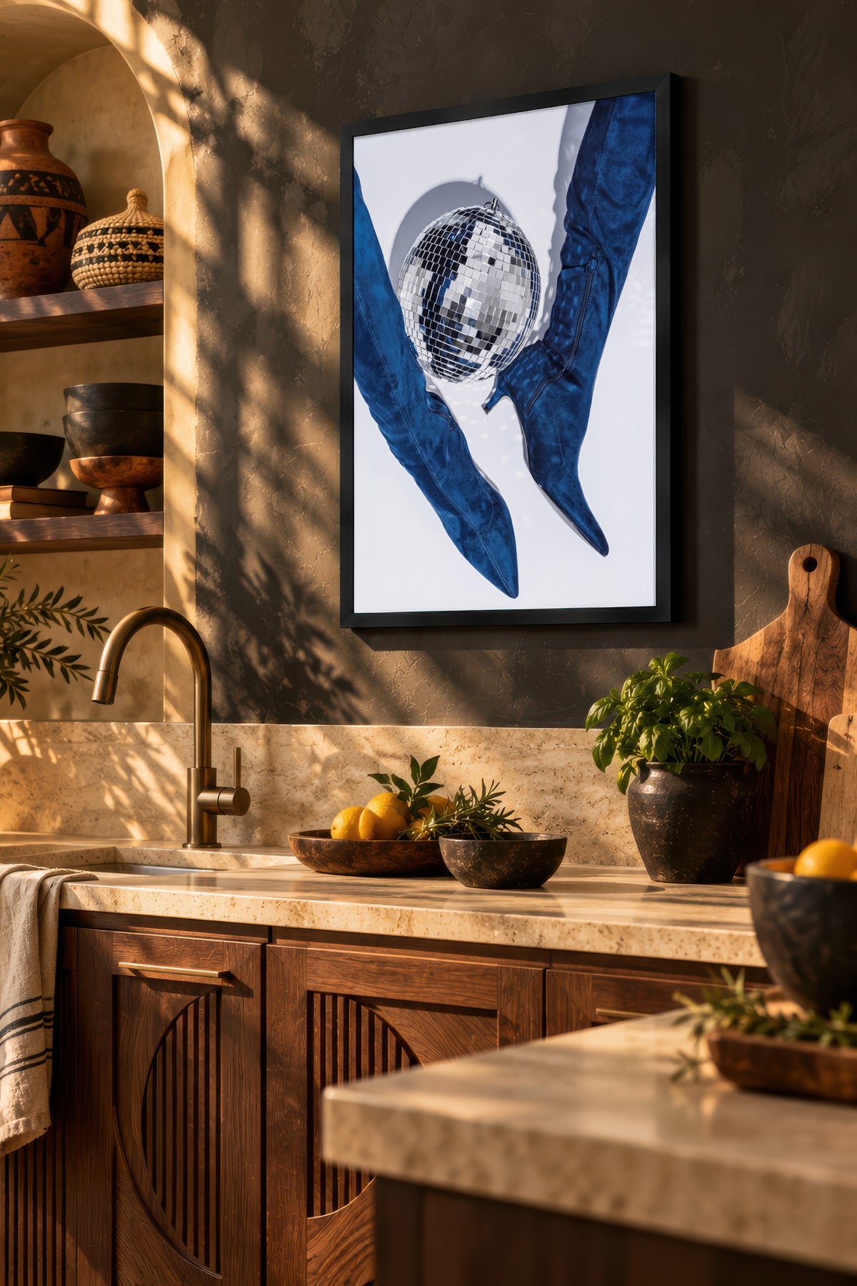Disko Topu ve Çizme Kompozisyonu Poster – Siyah Çerçeveli Tablo