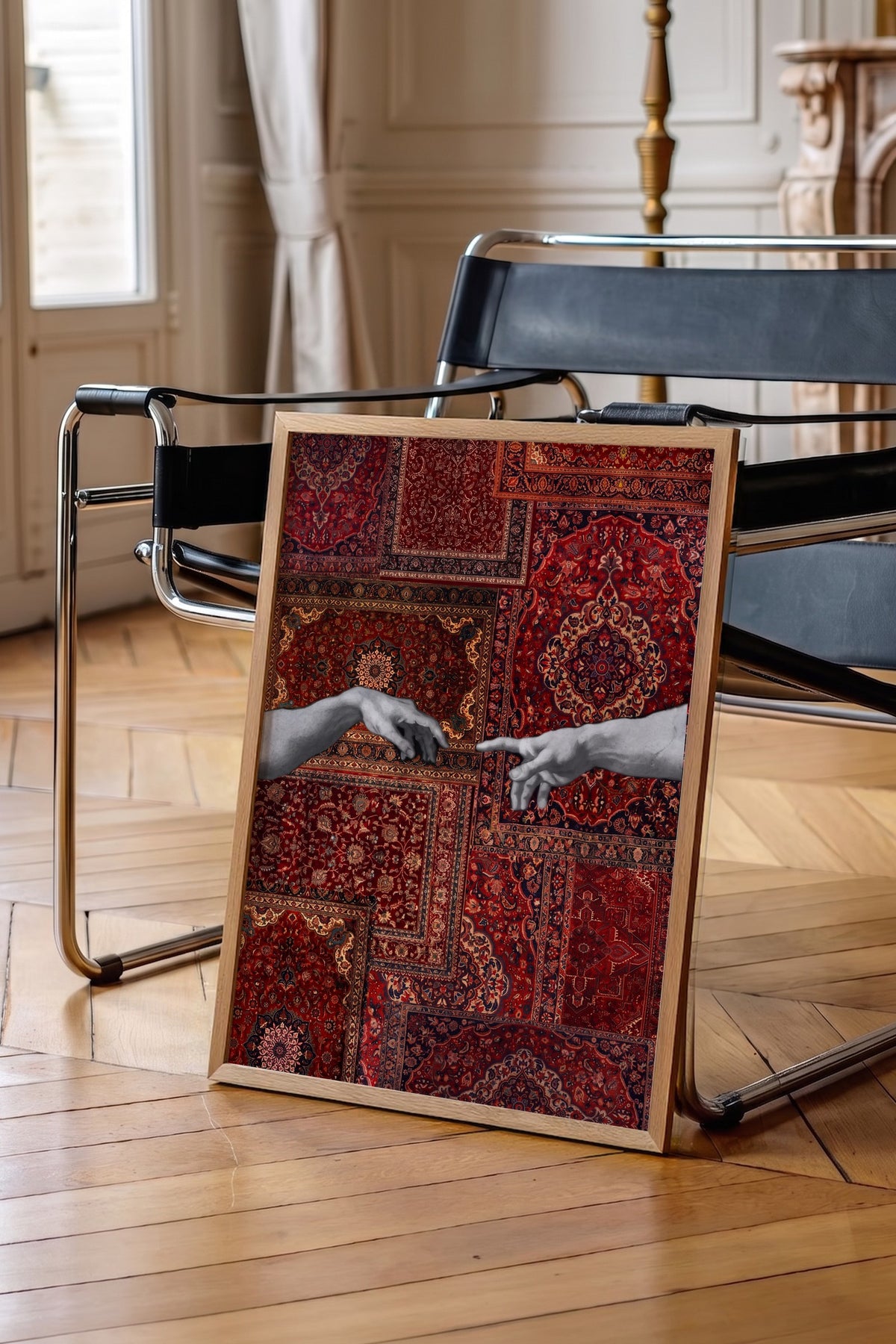 Halı Deseni Üzerinde Tanrı ve Adem Poster – Ahşap Çerçeveli Tablo
